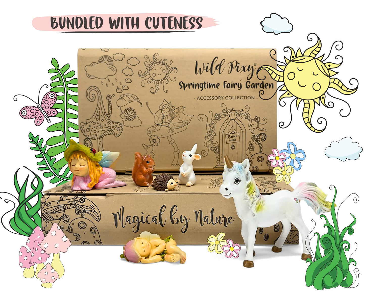 WILD PIXY Miniature Baby Fairy Garden Figurine Set – Decorative Fairy Garden Ornaments with Baby Animals & Fairies – Indoor & Outdoor Décor, Presented in Premium Gift Box