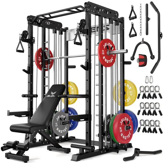 JELENS Smith Machine for Home Gym, Multi-Function M12 Power Cage with Cable Crossover System, Squat Rack with Smith Bar and More Attachment (Black, 370LB Colored Weights Package)