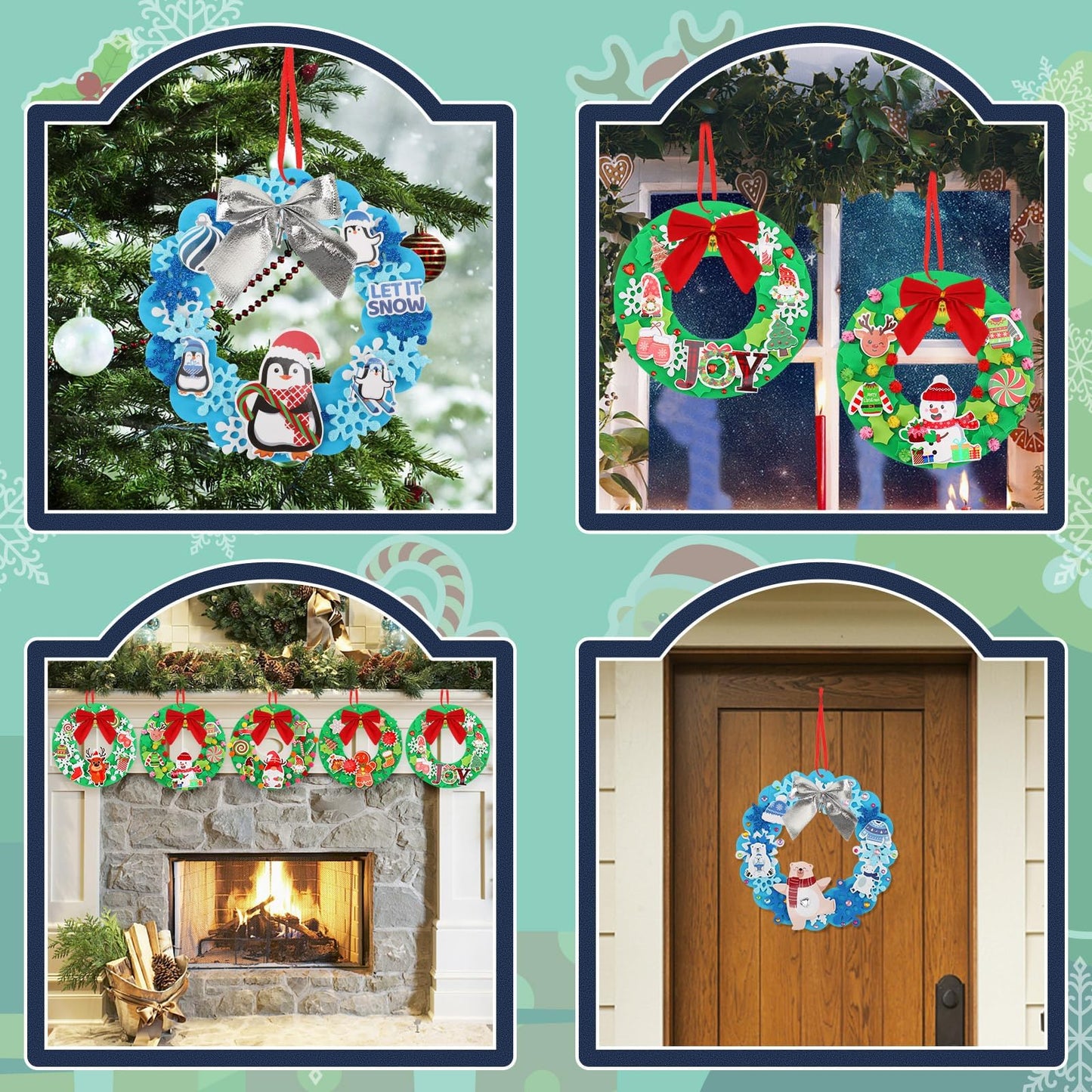 BOARDFEB 12 Sets Christmas Crafts Kits DIY Christmas Foam Wreath Crafts Winter Ornaments for Snowman Santa Penguin Snowflake Foam Stickers Xmas Holiday Home Classroom Activities Decoration