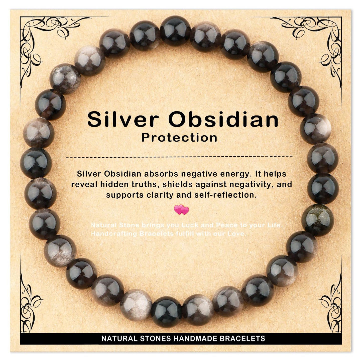 AD Beads 6mm Handmade Silver Obsidian Elastic Bracelet – Natural Gemstone for Protection – Meditation, Yoga, Healing and Energy Gift for Men Women