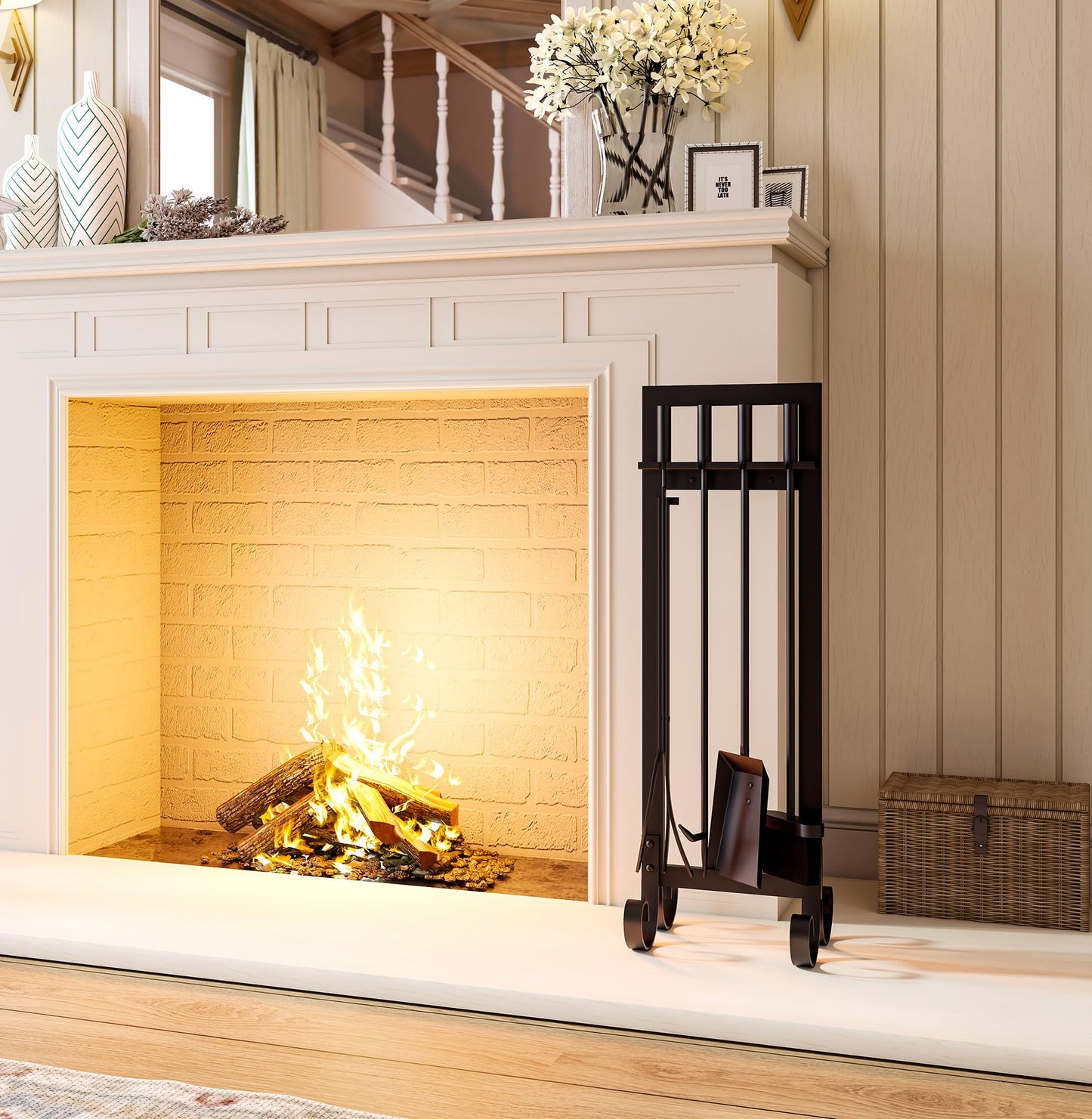 CALIDOLA 5 Pieces Wrouhgt Iron Fireplace Tools Set,31-Inch Modern Black Outdoor Indoor Fireplace Companion Set Stove Hearth Accessories with Poker, Tong, Shovel, Brush