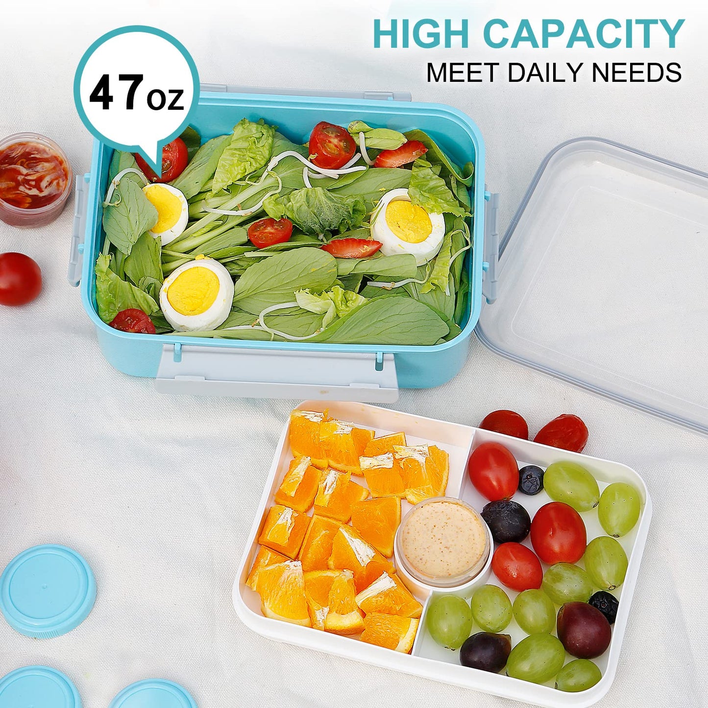 3 Pack Salad Lunch Box Food Storage Containers, 47oz Bento Box To Go Container with Lids, Meal Prep Containers with Removable Tray & Dressing Pots for Kids and Adults, Reusable and Microwave Safe