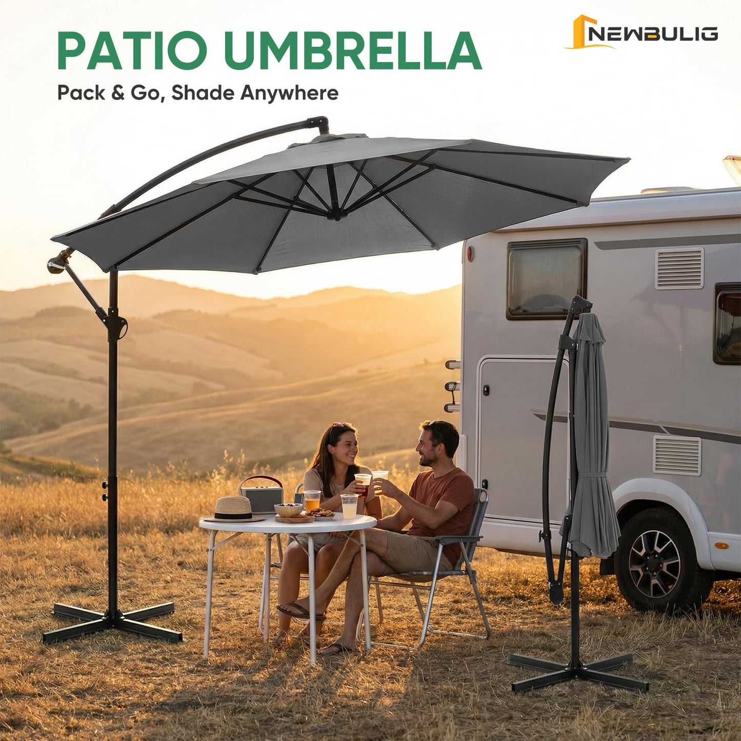 NEWBULIG 10FT Patio Umbrella, Offset Cantilever Outdoor Patio Table Umbrella, UV Protection, Fade Resistant Fabric, Easy Tilt Adjustment for Pool, Deck, Garden, Backyard, Gray