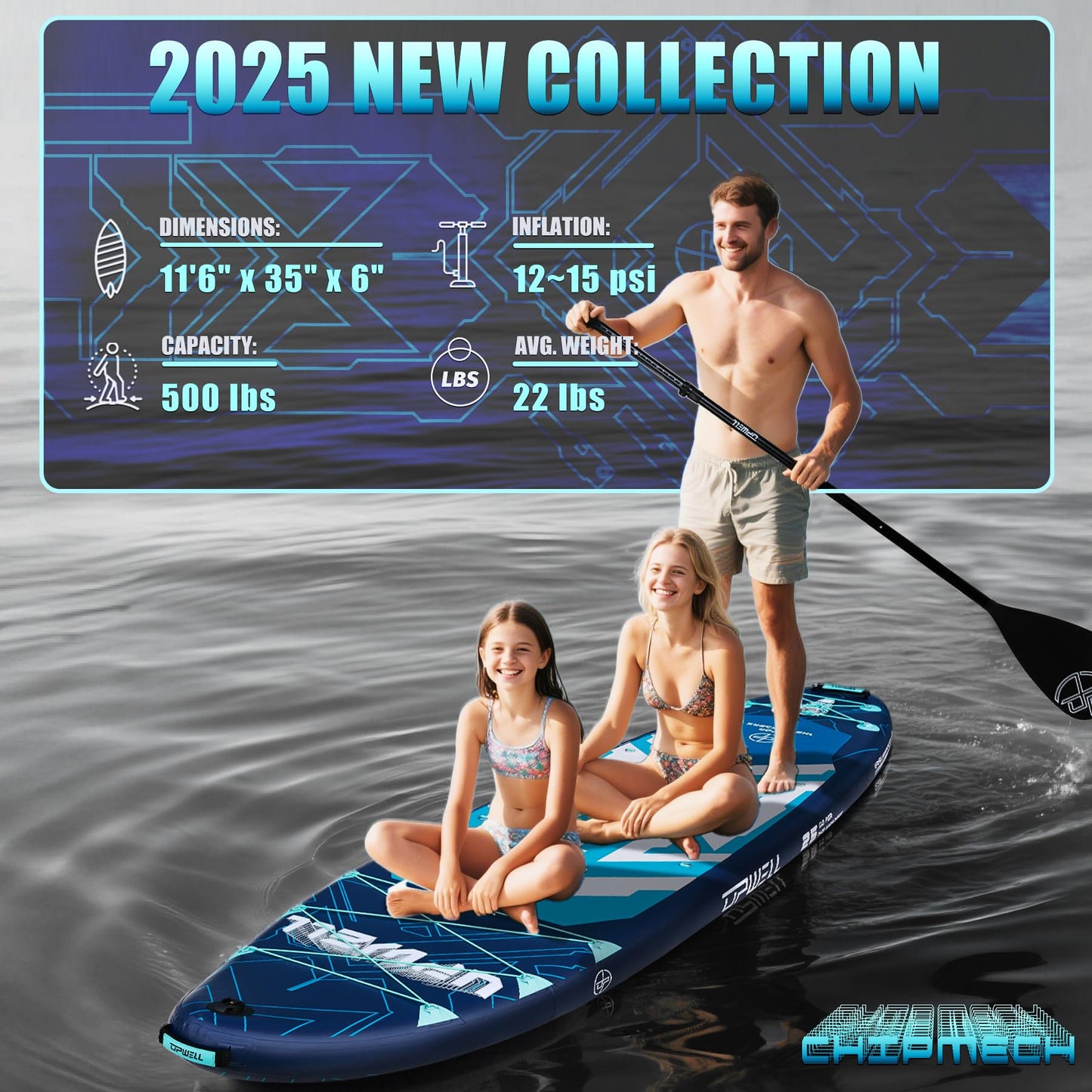 UPWELL 11'6"×35" Extra Wide Inflatable Paddle Board, Stand Up Paddle Board, Sup Paddle Boards for Adults, Chipmech Blue