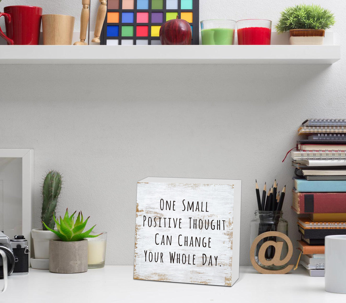 One Small Positive Thought Wooden Box Sign Decorative Funny Office Home Farmhouse Rusitc Wood Box Sign (5 X 5 Inch), Desk Shelf Tabletop Decor, Office Gift for Friend Coworker Employee(MQ-3-20)