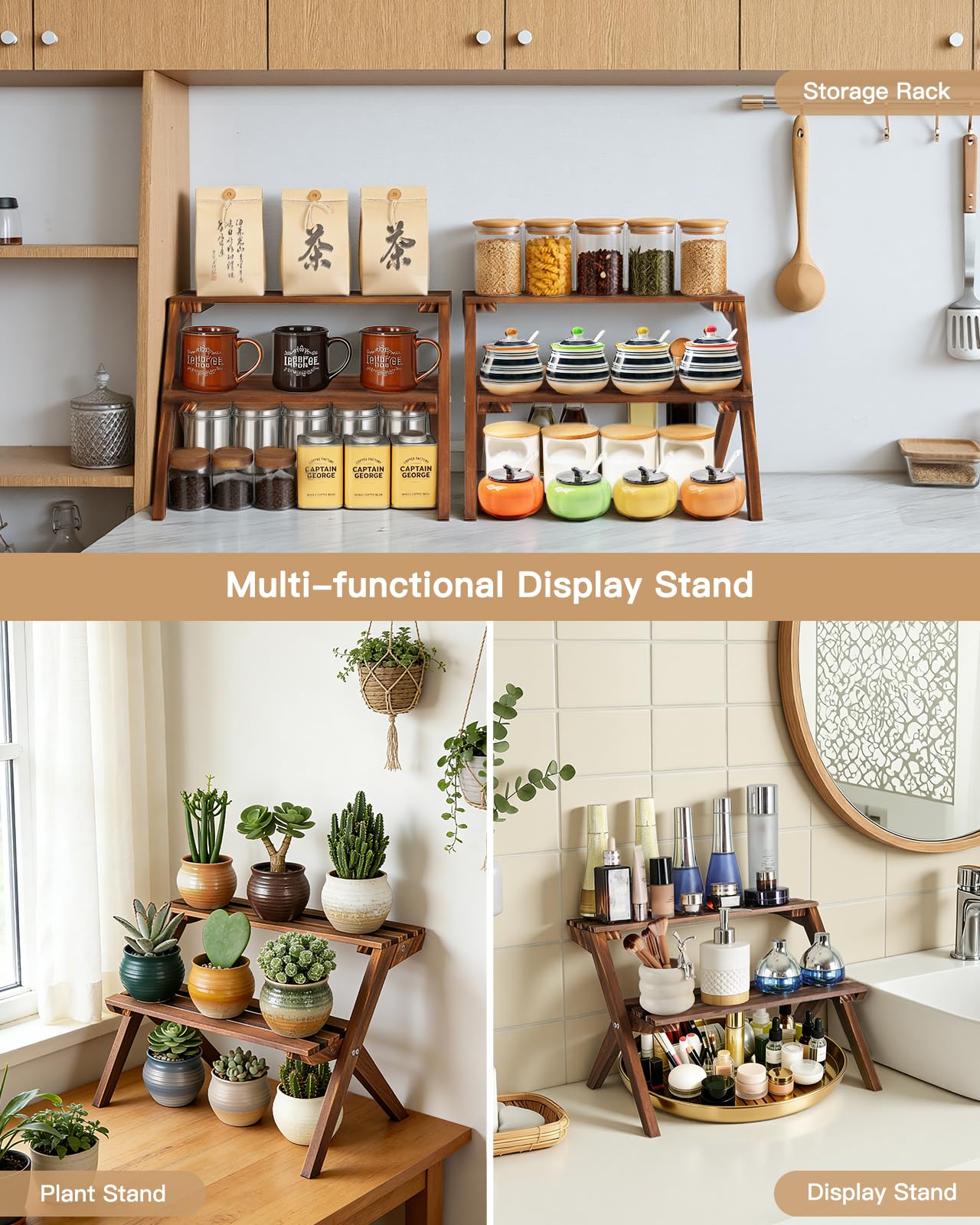 Jotboom 2 Tier Small Wood Plant Stand for Desktop, X-Frame Windowsill Plant Shelf Indoor, Table Top Mini Ladder Flower Pot Holder Display Rack for Succulent, Herbs, Decorations, Kitchen Spices
