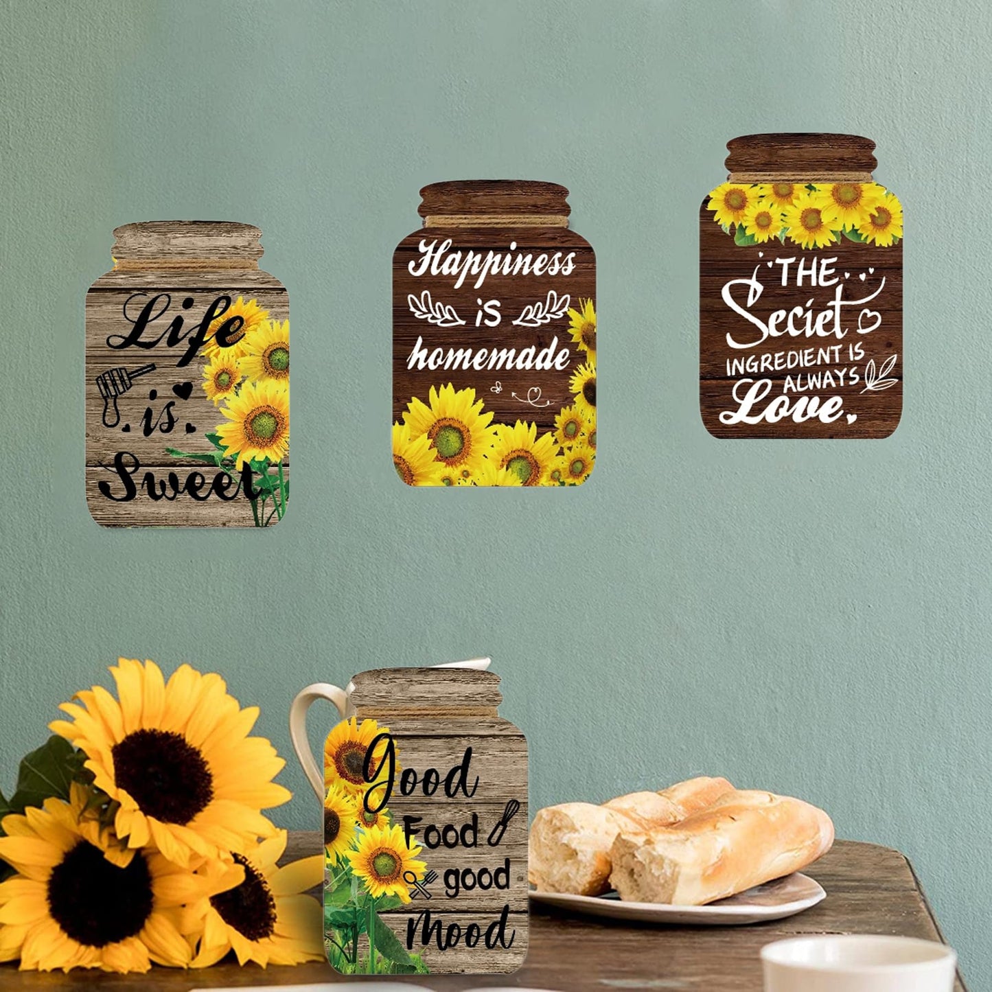 4 Pieces Kitchen Wall Decor Mason Jar Set, Wooden Kitchen Dining Room Signs Country Wall Art Farmhouse Tiered Tray Decor 7.1 * 4.7Inch (Sunflower)