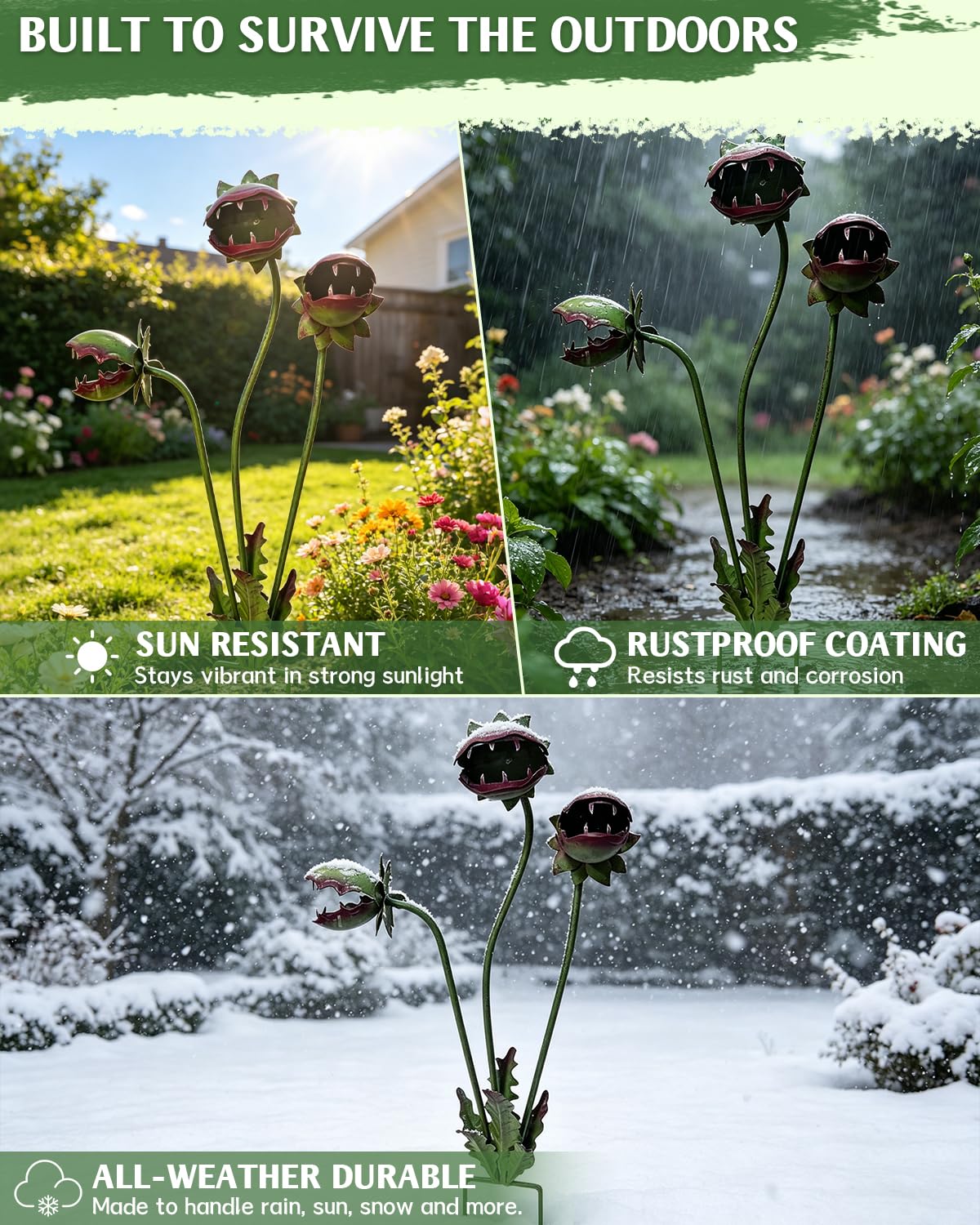 AIZHIYI Whimsical Metal Carnivorous Plant Garden Stake, 25 Inch Venus Flytrap Yard Art Sculpture, Decorative Outdoor Lawn Ornament for Patio Flower Bed Unique Quirky Garden Gift