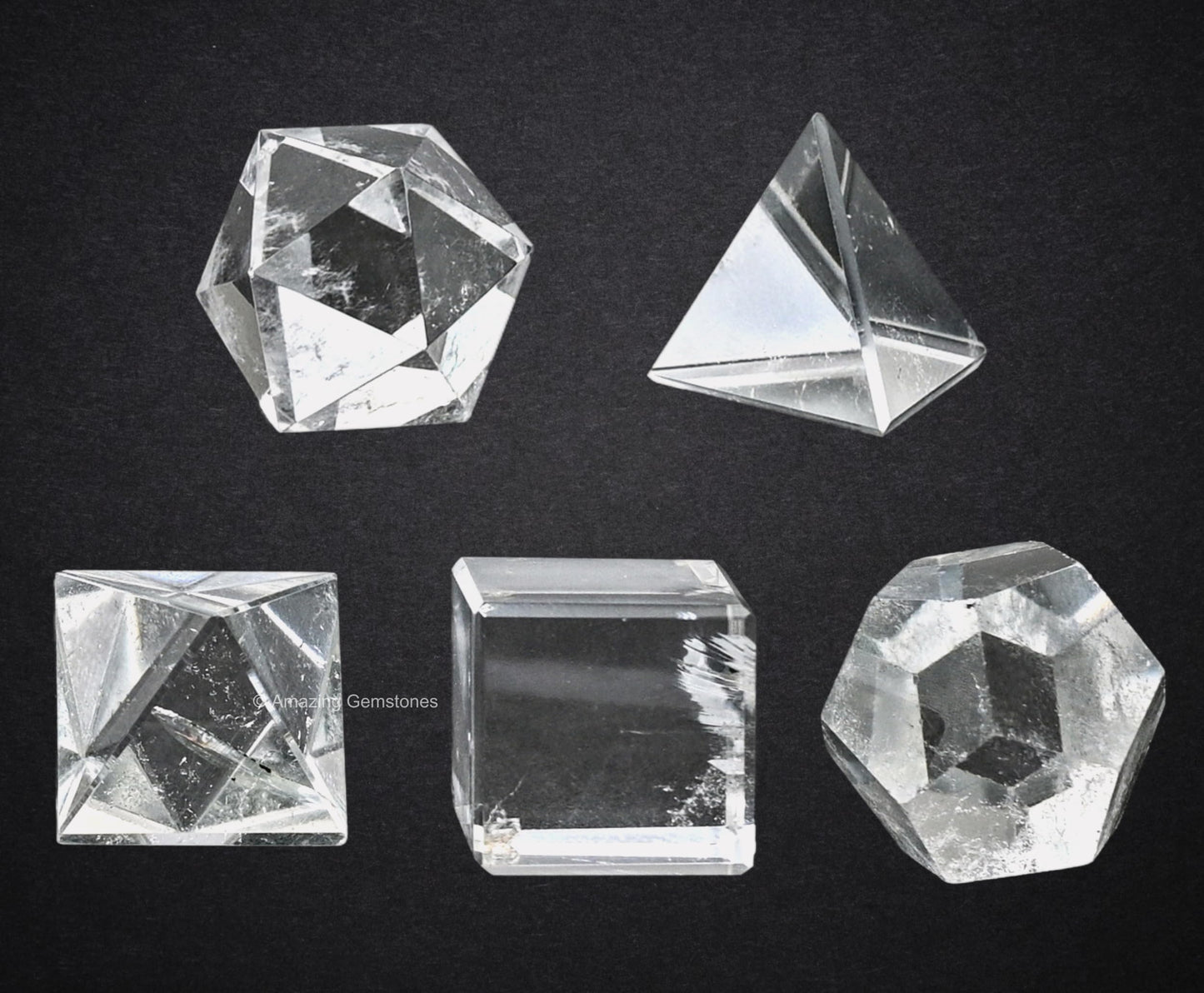 Amazing Gemstone Clear Quartz Platonic Solids Crystals - Set of 5 Sacred Geometry and Healing Stones Solidos Platonicos Sacred Geometry Kit for Energy Chakra Balancing, Reiki, Meditation