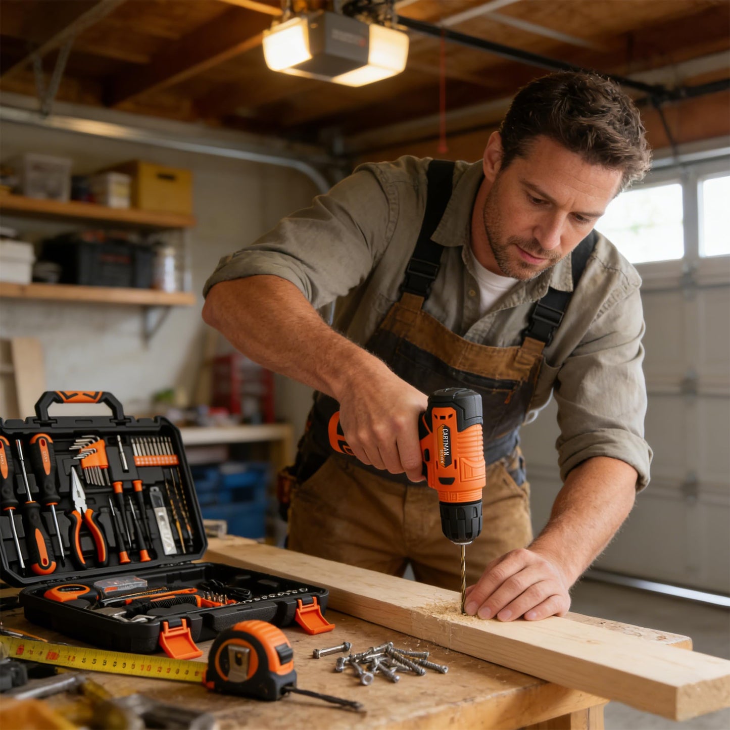 CARTMAN 150-Piece Household Tool Set with 8V Cordless Drill Driver Kit, Complete Hand Tool Set for Home Maintenance, DIY Projects, Orange