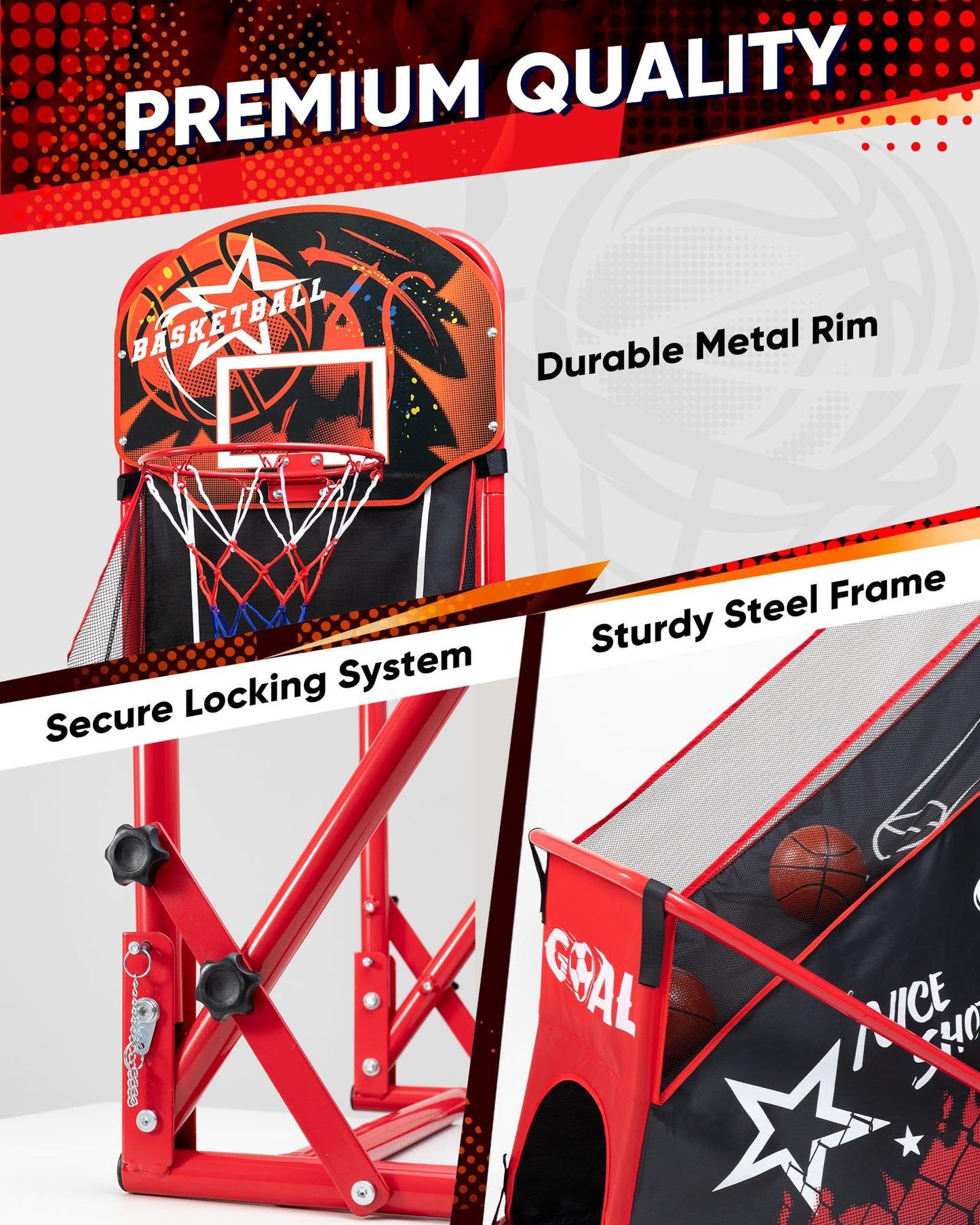 MerryMove Basketball Arcade Game for Kids: Foldable Basketball Hoop Set with Soccer Goal- Portable Indoor Outdoor Sports Play Toy- Gift for Ages 3-12 Boys Girls- Air Pump and 3 Balls Included
