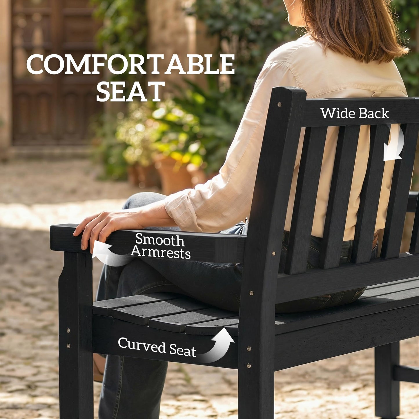 Outsunny Outdoor Bench, 49" All-Weather HDPE Garden Bench, 2-Person Patio Loveseat with 528 lbs Capacity, Curved Seat for Backyard, Park, Porch, Lawn, Park, Black