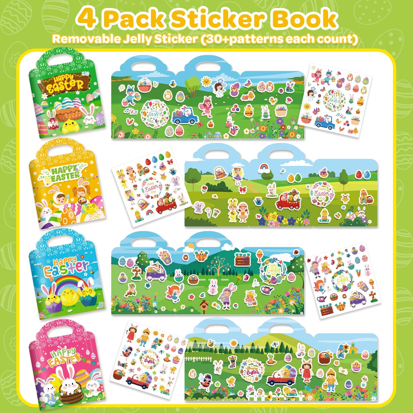 4 Sets Easter Reusable Sticker Books for Toddlers 1-3, Arts Crafts for Toddler 3-5, Activity Books for Kids 2-4, Toddler Toys Holiday Gifts Travel Toys Easter Basket Stuffers for Girls Boys