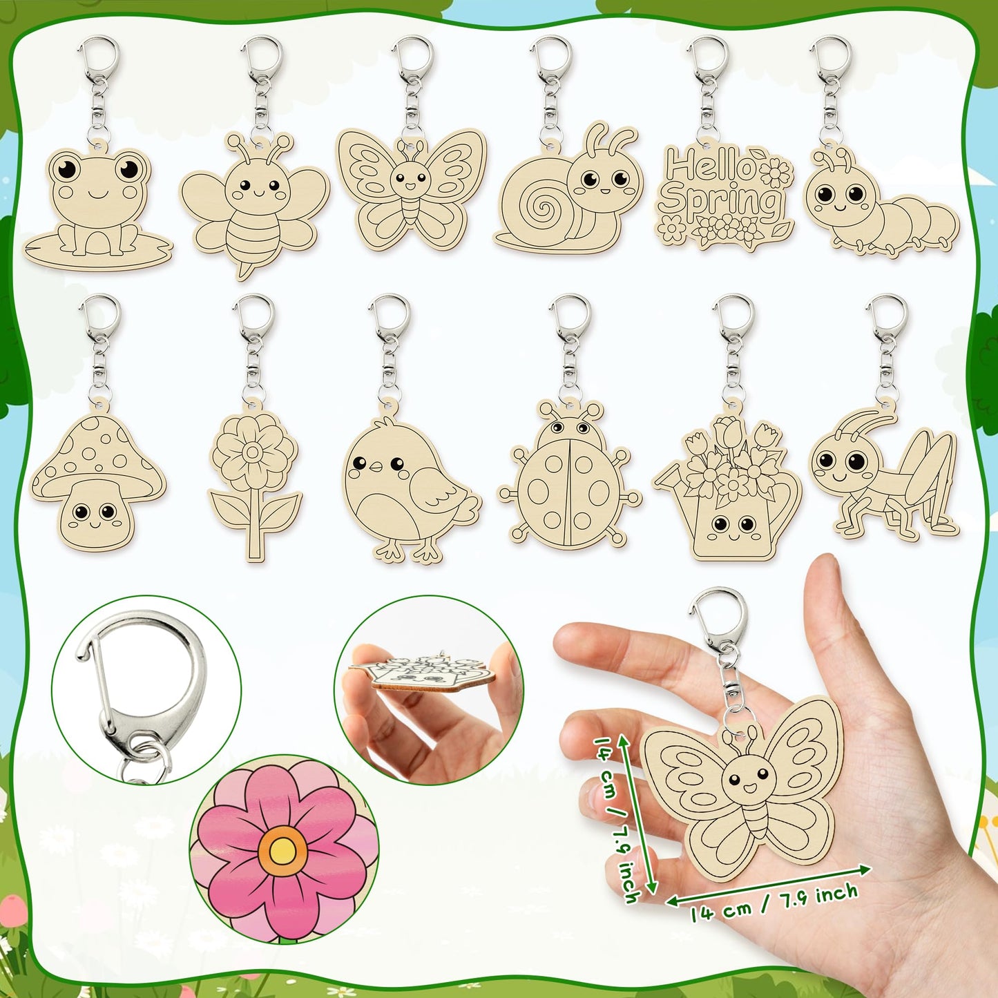 Haooryx Diy Wood Craft Kit - 24 Pcs Paint Decorate Your Own Hello Spring Cute Flower Animals DIY Wooden Art Painting Blank Keychains Wood Craft Kit Creative Activity Birthday Party Favors Goodie Bag