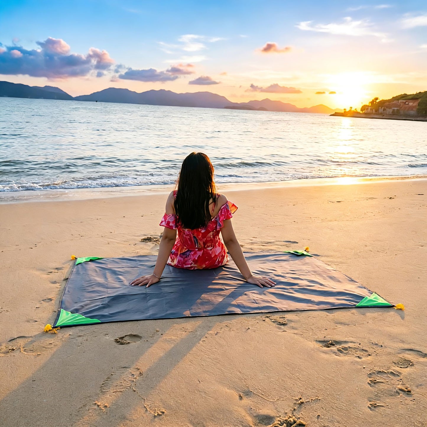 HZJOYUE Pocket Blanket 71"x55", Lightweight Compact Sandproof Waterproof Outdoor Blanket for Beach, Hiking, Camping, Travel, Festivals, Picnic with Pockets, Loops, Stakes, Carabiner