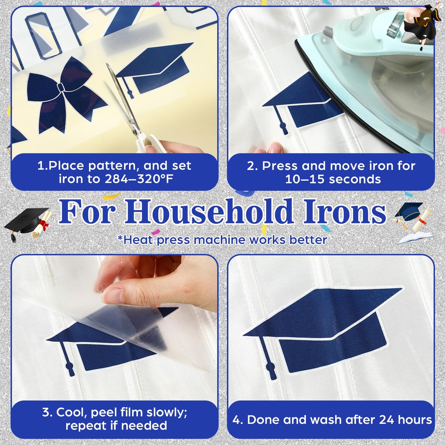 Glenmal 17 Pcs Senior Class of 2026 Iron on Patches Glitter Bow Heat Transfer Stickers Set for Black Women Graduation Outfit Decor Corset Jeans Grad Party Clothing DIY Crafts(Blue, Silver)