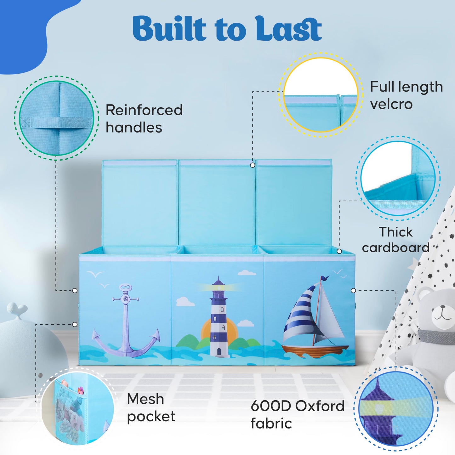 Rossoff Extra Large Collapsible Sturdy Toy Storage Organizer with Lids, Ocean Theme Toy Box for Boys & Girls, 40"x16"x16", Modern, Blue