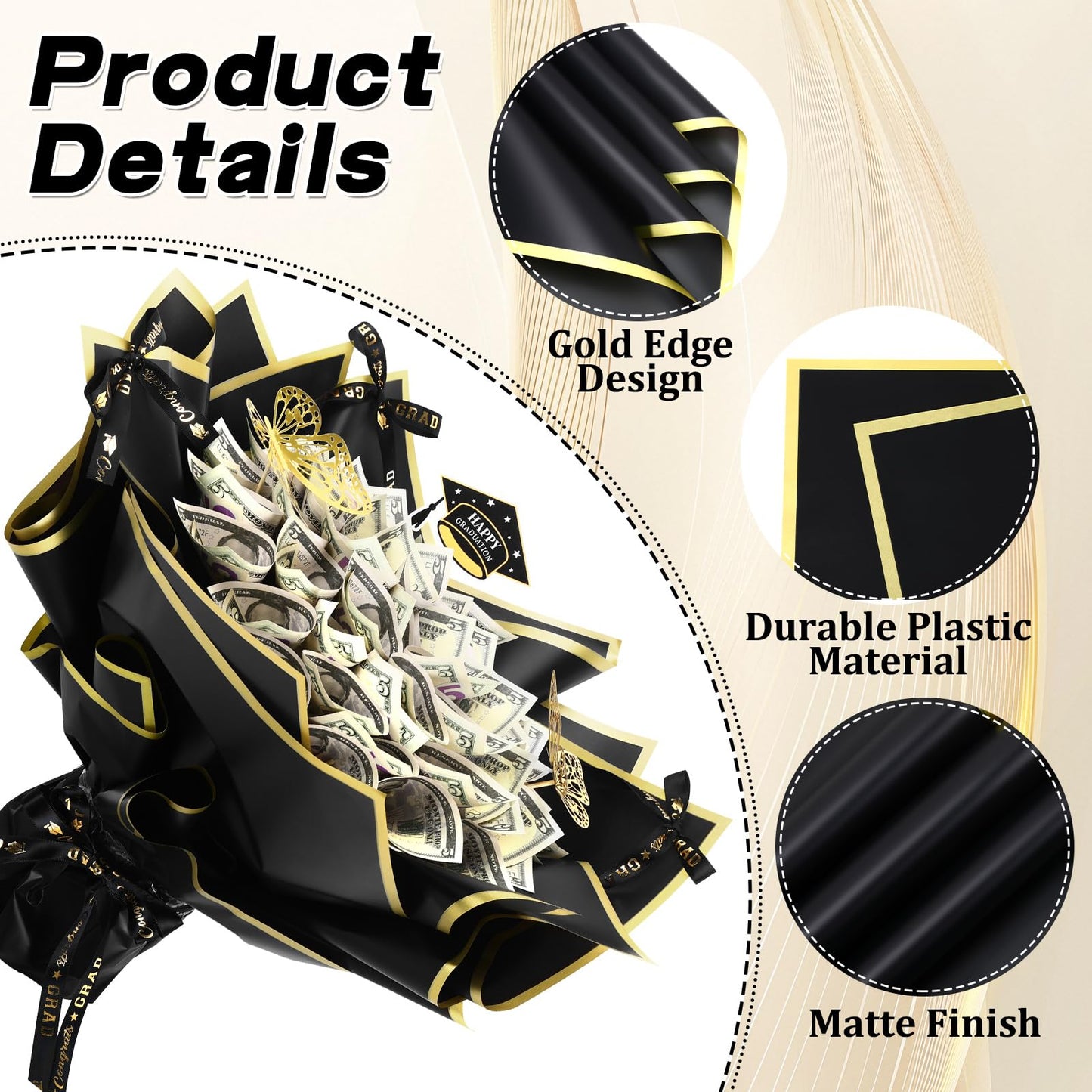 AUGSUN Graduation Money Bouquet Kit, Flower Bouquet DIY Gift Supplies with 20 Sheets Wrap Paper 100 Sticks Ribbon Cards 3D Butterflies for Class of 2026 Grad Party Favor Graduate Gifts