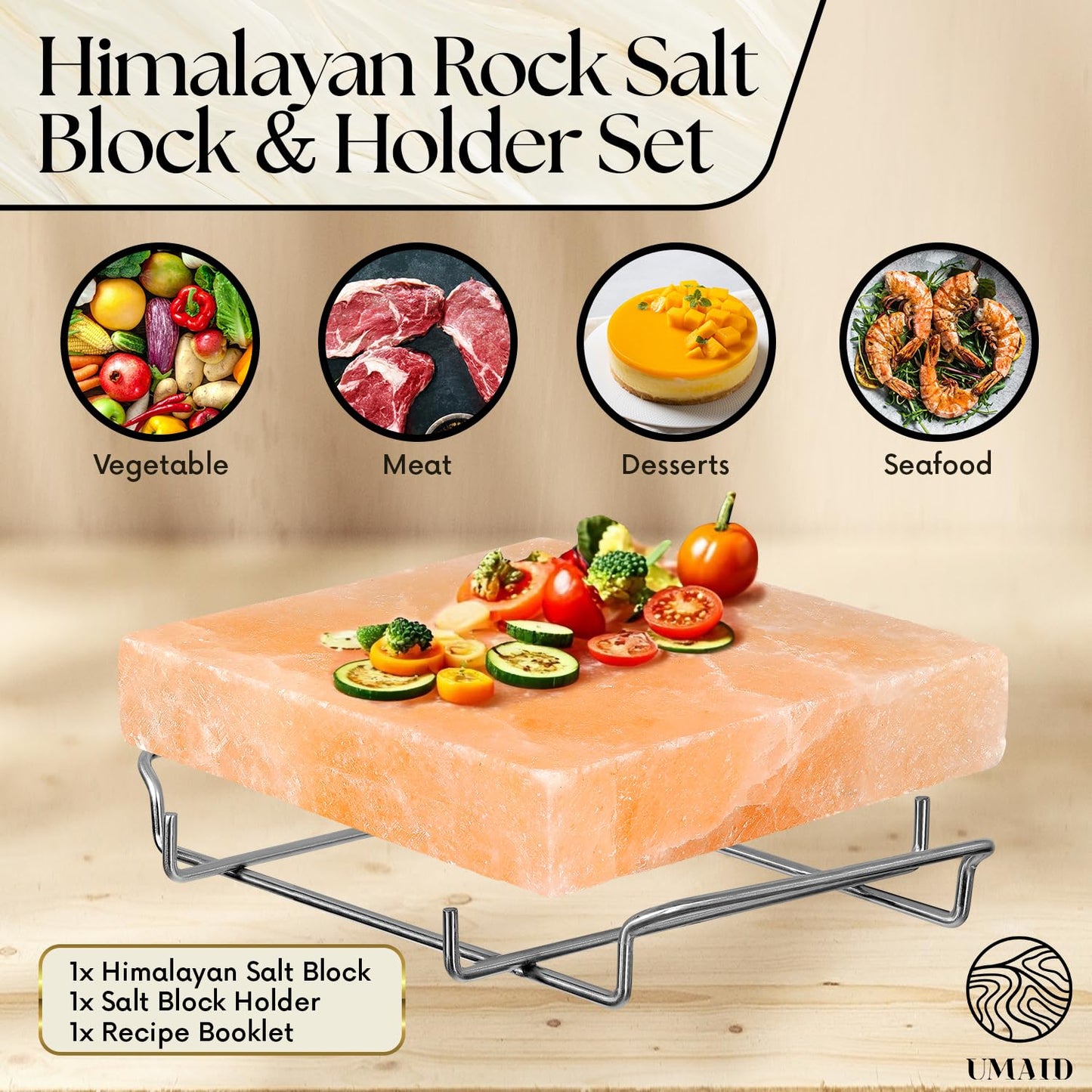 UMAID Himalayan Salt Block For Grilling, Cooking, Cutting and Serving,8X8X1.5 Food Grade Himalayan Pink Salt Stone on Stainless Steel Plate & Recipe Pamphlet, Unique Gifts for Men, Women, Chef, Cooks