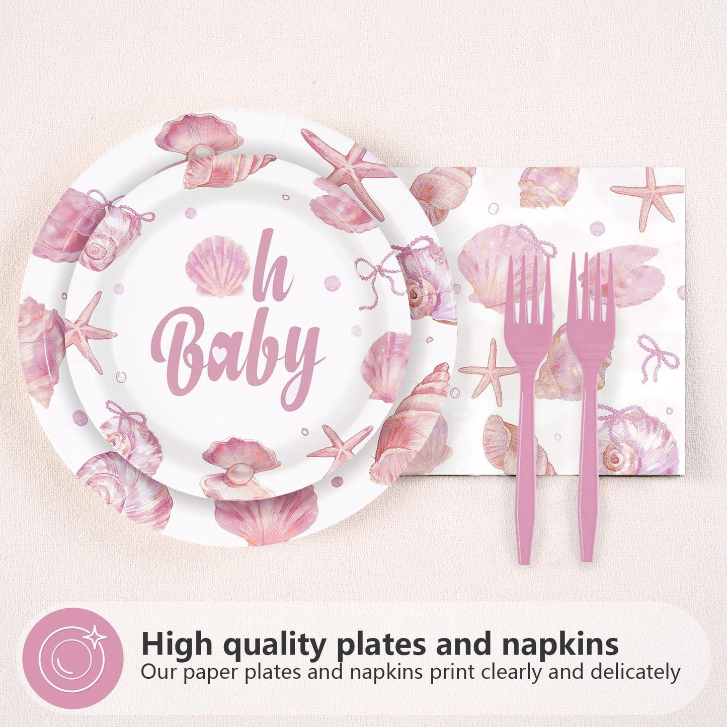 Greencian 96Pcs Under The Sea Party Supplies A Little Beach Babe Is On The Way Plates and Napkins Starfish Seashell Tableware Set for Girls Kids Under the Sea Baby Shower Party Decorations Serves 24