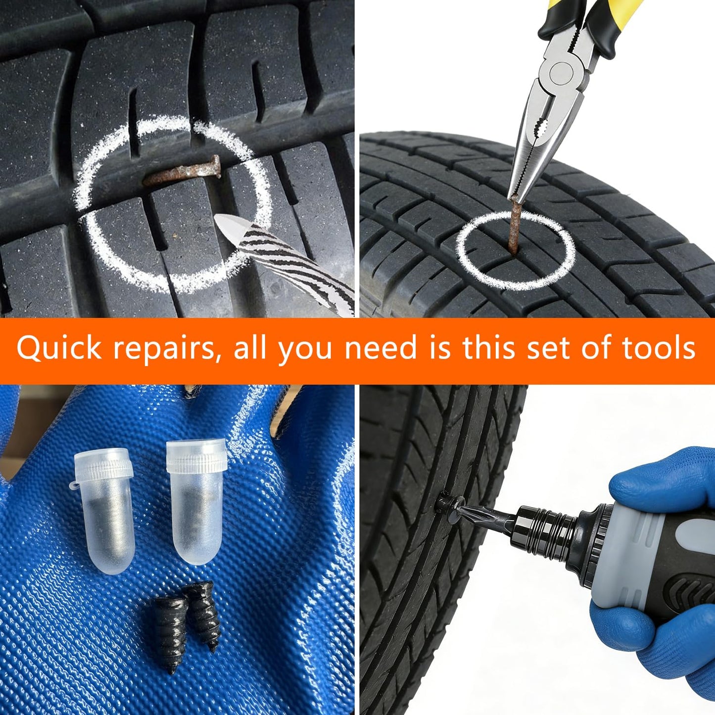 Drovanta Tire Screw Plug Repair kit - No Need to Remove The tire, tire sidewall Repair kit, Patch Plug Tool and Portable Storage Bag - Quick Flat tire Repair for Cars, Trucks, Motorcycles and SUV