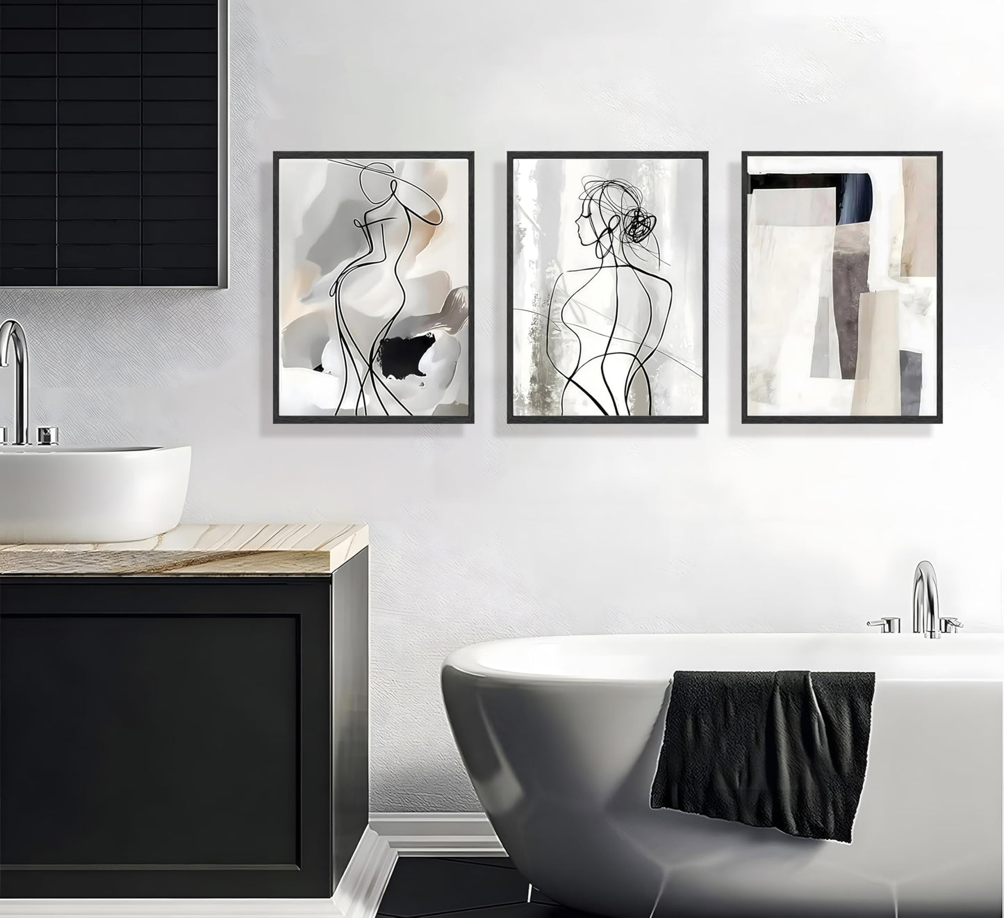 3pcs Black White Abstract Line Wall Art Female Figure Silhouette & Geometric Elements Pictures Posters Modern Minimalist Canvas Paintings Wall Decor For Living Room Bedroom Decoration Unframed