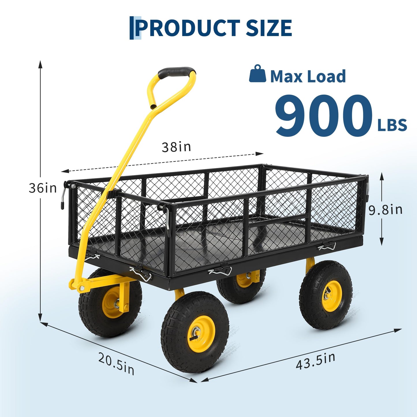 900 Lbs Heavy Duty Steel Garden Cart, Garden Wagon Cart on Wheels, Outdoor Metal Yard Utility Wagon Carts with and Mesh Removable Sides(Convert to Flatbed) and 180°Rotating Handle,Black