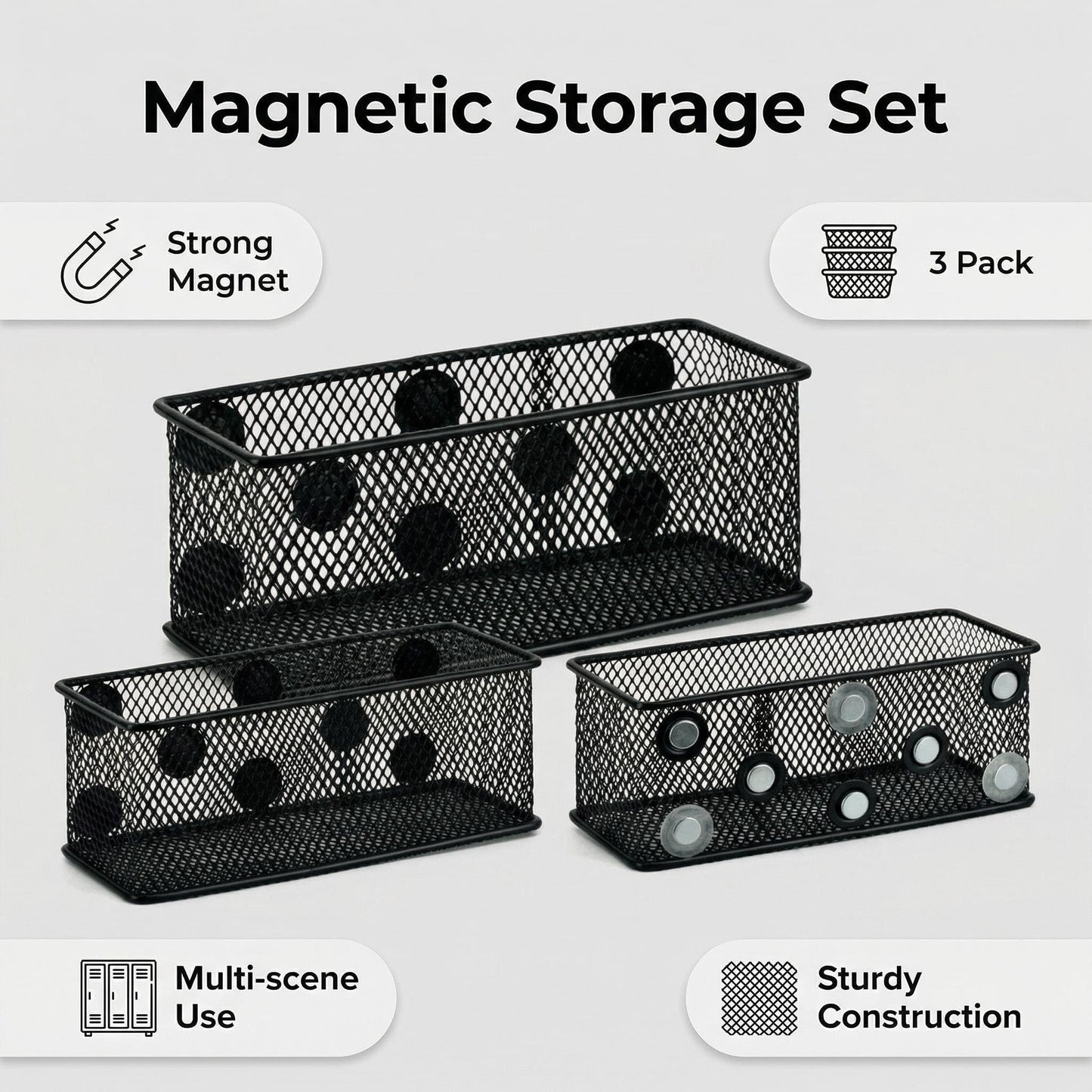 Neudeco Magnetic Locker Organizer and Accessories, Wire Mesh Magnetic Storage Basket, Magnetic Holder for Dry Erase Markers, Strong Magnet Pen Holder for Fridge School, Pack of 3, Black