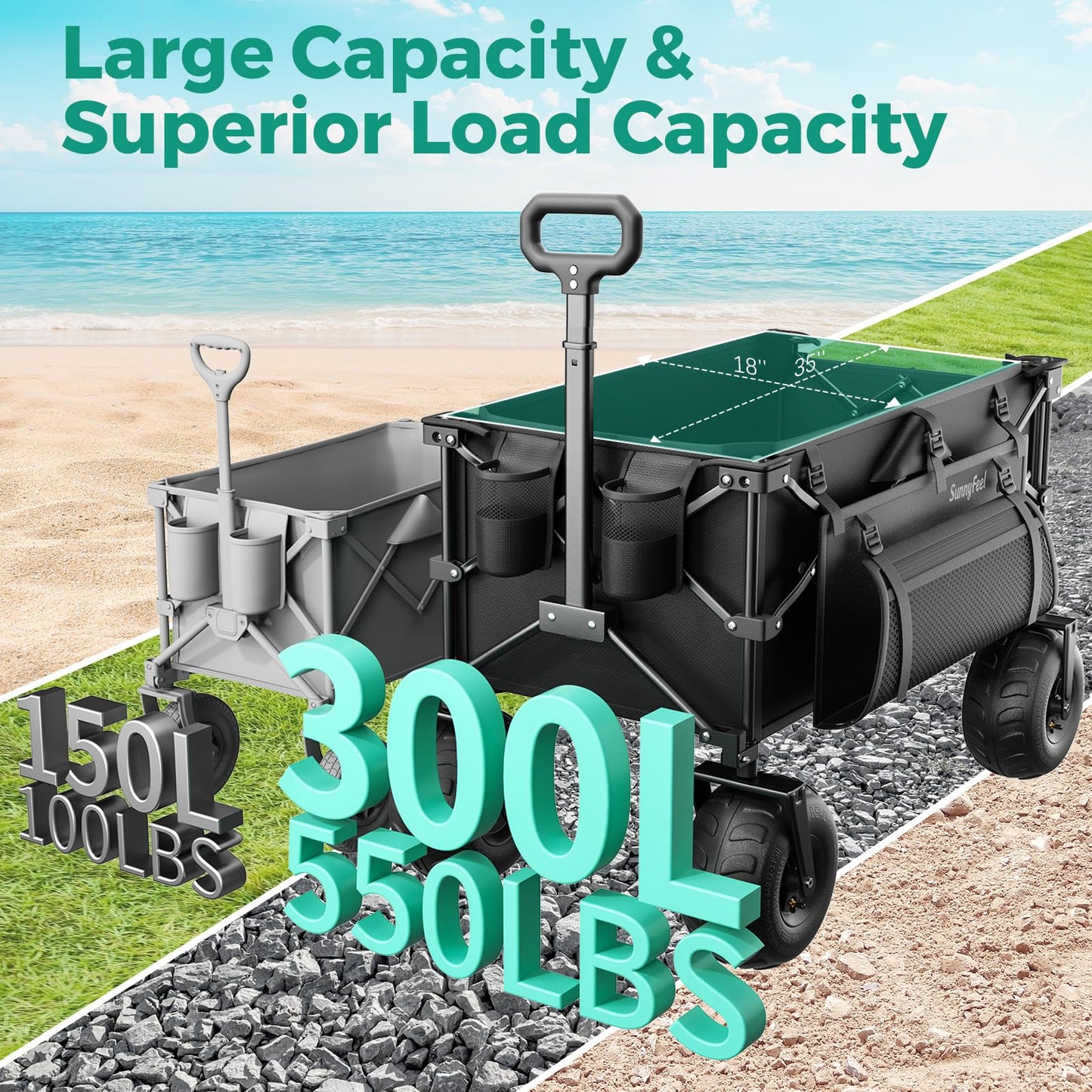 SUNNYFEEL Collapsible Beach Wagon with 9" Balloon Wheels, 300L Beach Cart with Big Wheels for Sand, 550LBS Heavy Duty Folding Wagon Cart with Adjustable Handle for Camping, Garden, Outdoor, Black