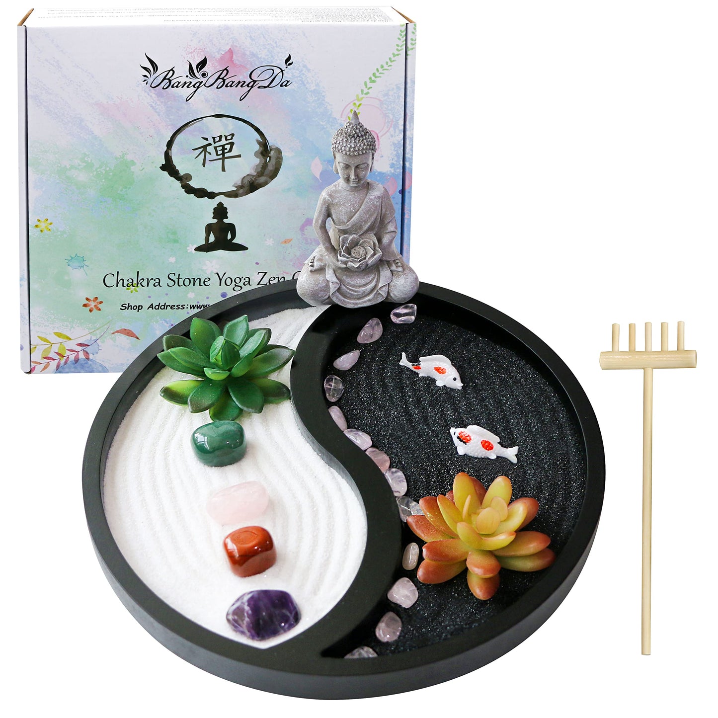 Buddha Meditation Zen Garden Kit - Home Office Tabletop Taiji Yin Yang Sand Garden Altar Zen Decor Zen Gifts DIY Mini Chakra Crystal Quartz Rock Garden w/ Nature Healing Stone Rake Tool