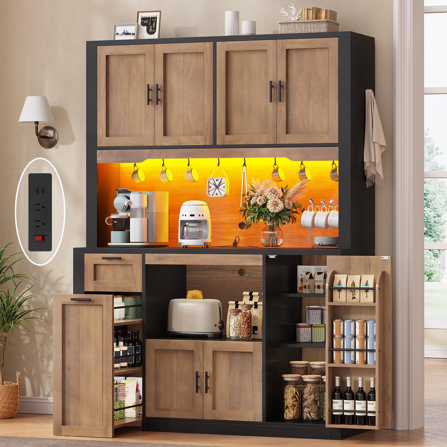 Itaar 71" Pantry Cabinet with Charging Station and LED Light, Kitchen Pantry Cabinet with Microwave Stand, 47.2" Wide Kitchen Storage Cabinets with Storage Cart 3 Tier for Dining Room (Brown)