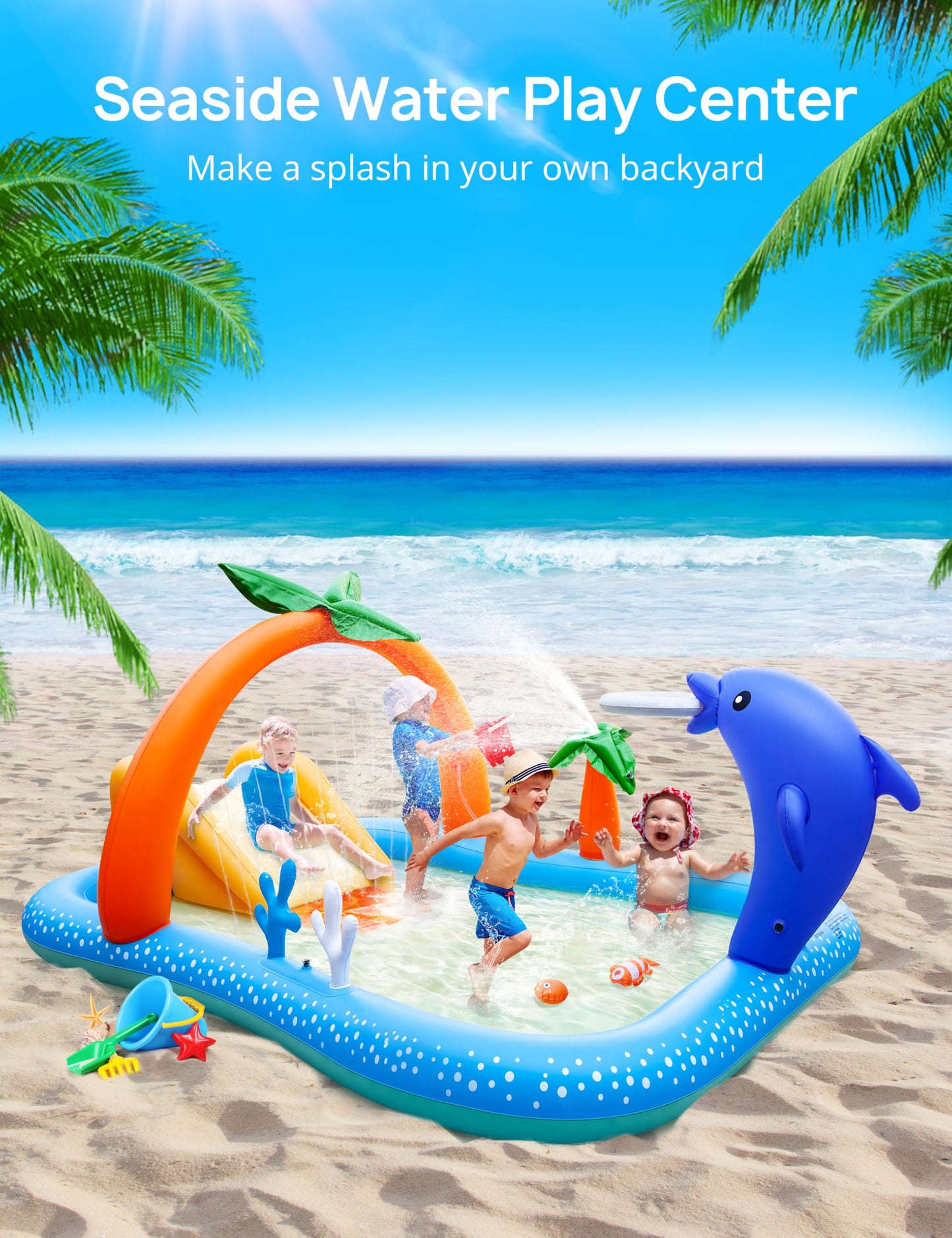 Kiddie Pool with Slide Inflatable Play Center Wading Lounge Kids Pool, Coconut Palm Sprinkler, Water Game Play Center, 95''x75''x40''