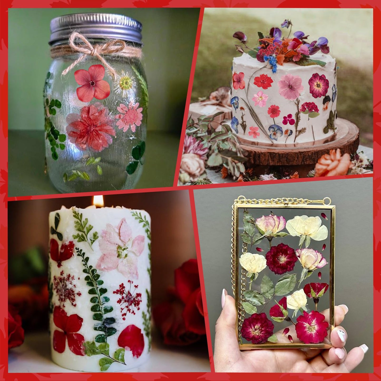 101 PCS Red Dried Pressed Flowers for Christmas Crafts Resin, Red Real Nature Flowers Bulk for DIY Holiday Cake Card Scrapbook Supplies, Large Dried Flowers for Soap Candle Making