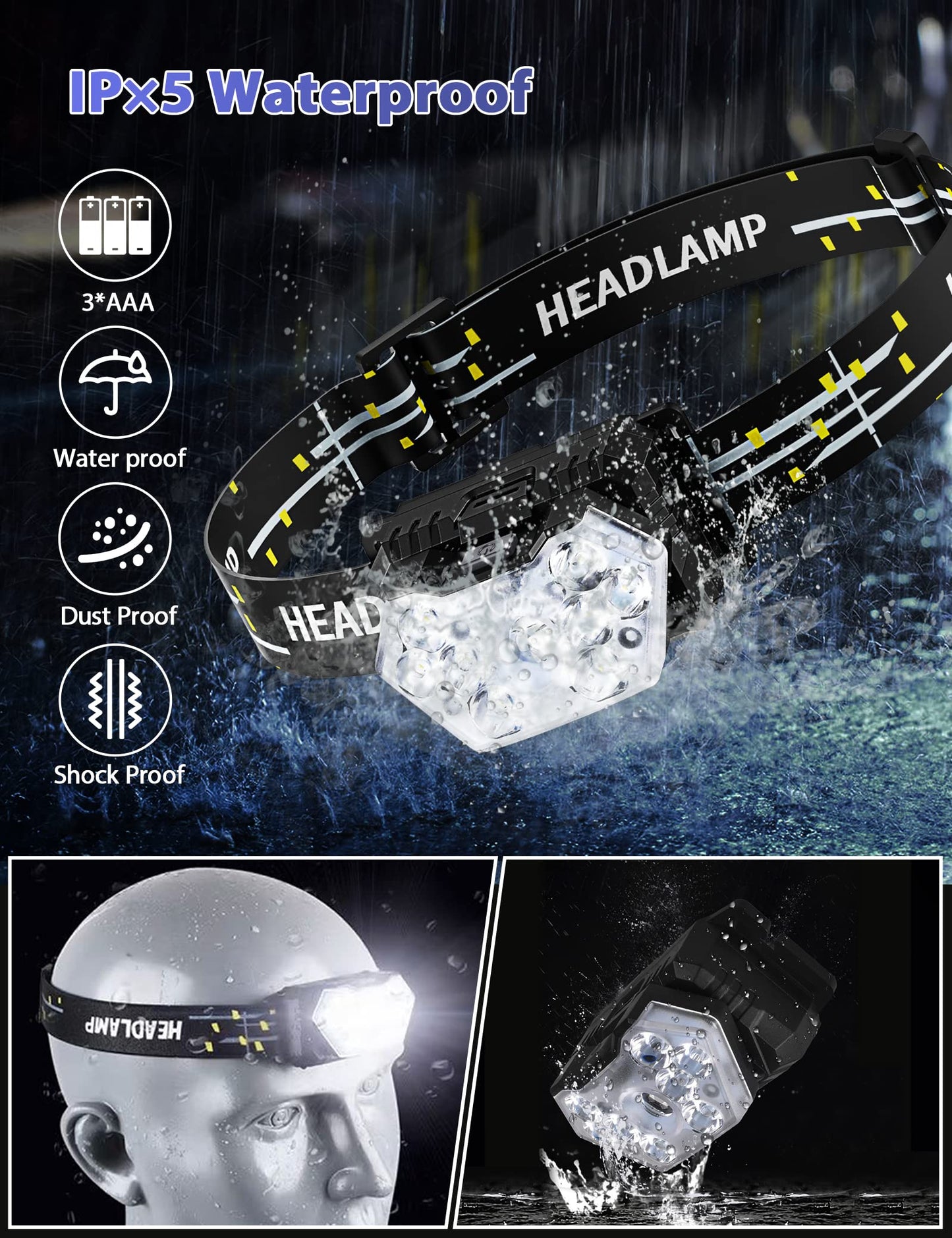 Eirnvop 2000 Lumen 9 LED Headlamp 2 Pack, Ultra Bright Head Lamp with 6 Modes, IPX5 Waterproof Head Light, Lightweight Head Flashlight for Running Night-Walking Camping, 6 AAA Batteries Included