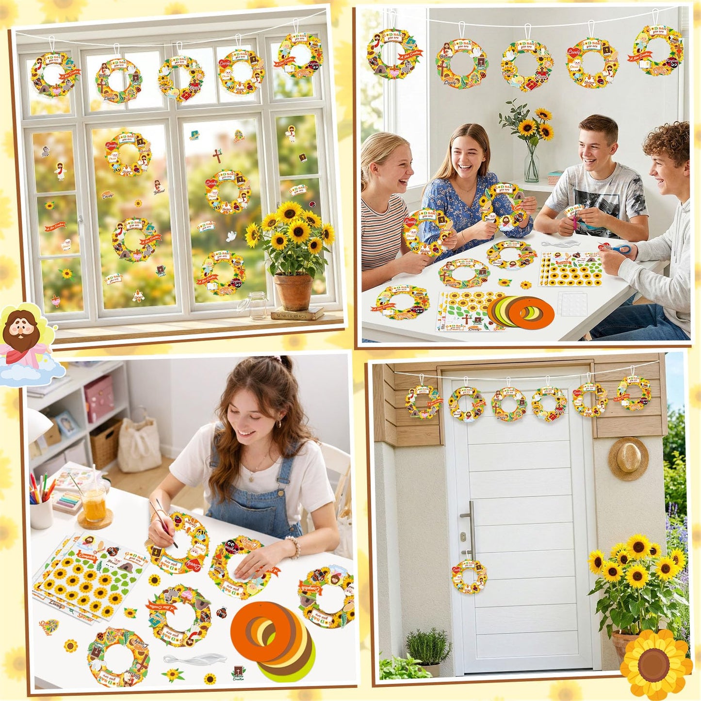 24 Sets Sunflower Religious Craft Kit Christian DIY Spring Wreath Crafts Kit with Jesus Bible Sunflowers Stickers Hanging Ornament for Spring Summer Sunday School Church Activities Home Decor