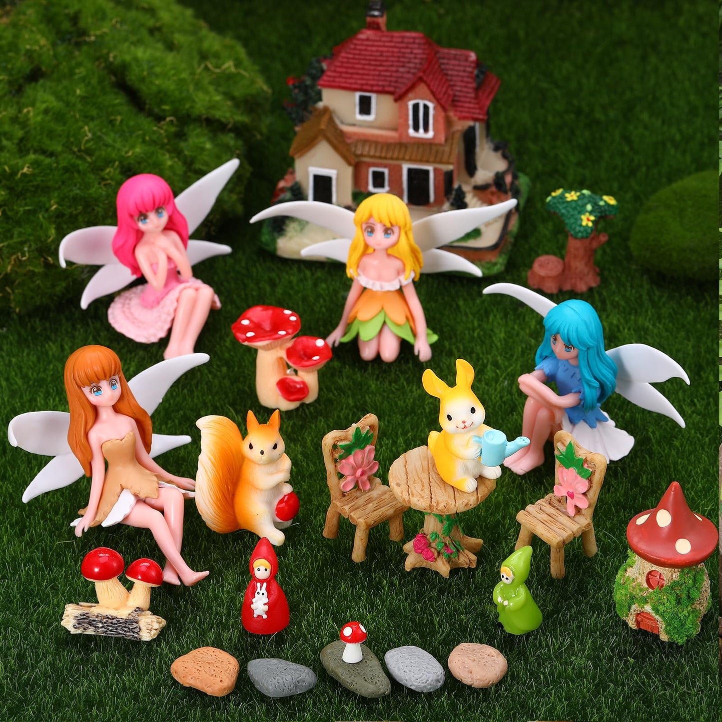 GGSTDDUP Fairy Garden Accessories, Miniature Garden Ornaments Included Mini Fairy Figures Tiny Gnome Figurines Enchanted Tiny House Set for DIY Landscape Potted Plants Dollhouse Desk Decor