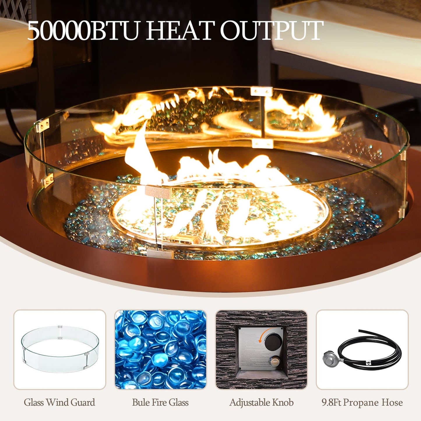 UPHA 42-inch Outdoor Propane Gas Fire Pit Table 50000 BTU Concrete Round FirePit for Outside Patio with Propane Tank Cover, Wind Guard, Blue Glass Rocks, Rain Cover, Reddish Brown