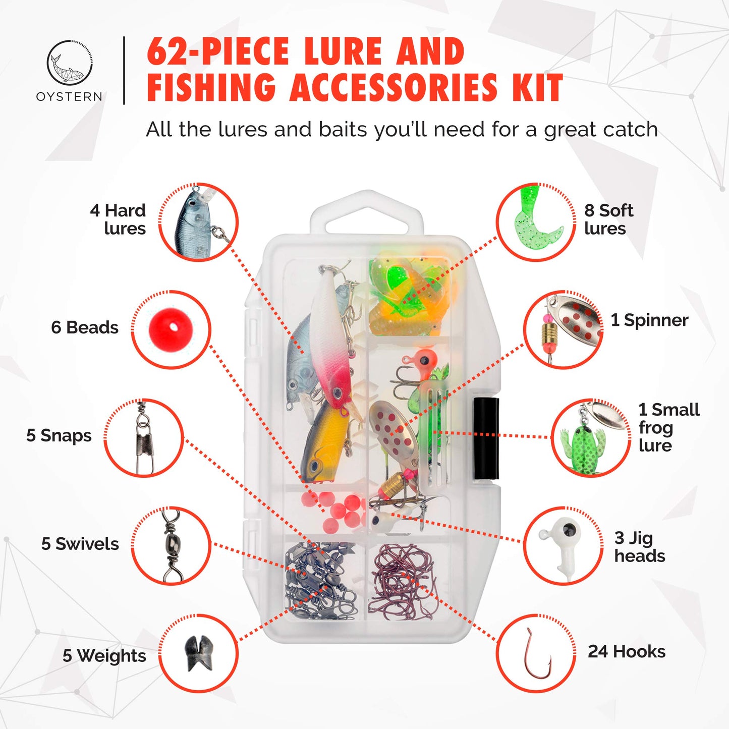 Oystern Kid’s Fishing Pole Kit with Spinning Reel - 62 Piece Tackle Bag, 4lb Line - Including Beginner’s Guide eBook - Toddler Fishing Pole Combo - Youth Telescopic Portable Rod - Kids Fishing Gear