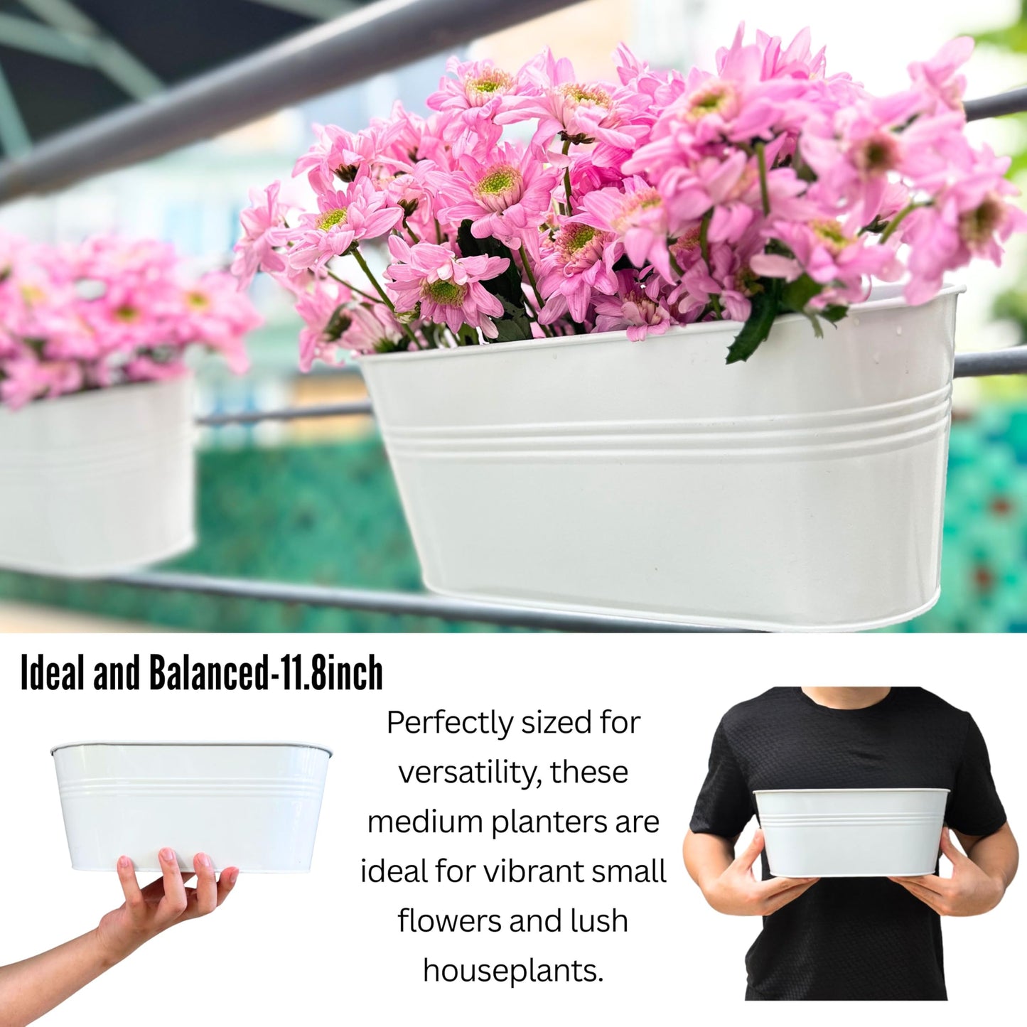 LaLaGreen Outdoor Rail Planter (4 Pack, 11.8 Inch) Metal Iron Hanging Flower Pots Deck Railings Fence Buckets Modern Countryside Boho Style White Wall Mount Window Box Plant Holder Hooks Porch Decor