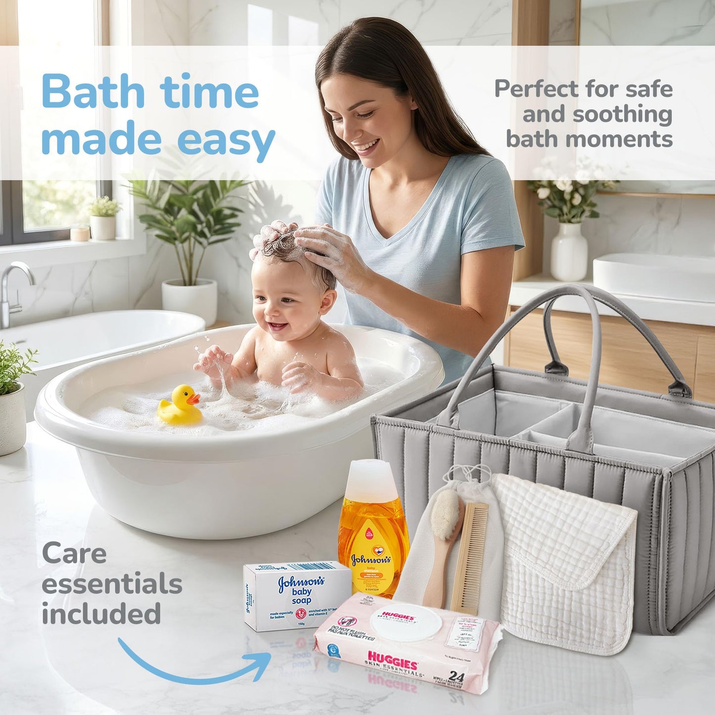 New Baby Boy Gift Basket | Unique Gift Set in a foldable diaper bag for a New MOM Light Blue Gift Set. Welcome Baby Care Package w/Newborn Essentials for Expecting Moms Baby Shower, After Labor Gift