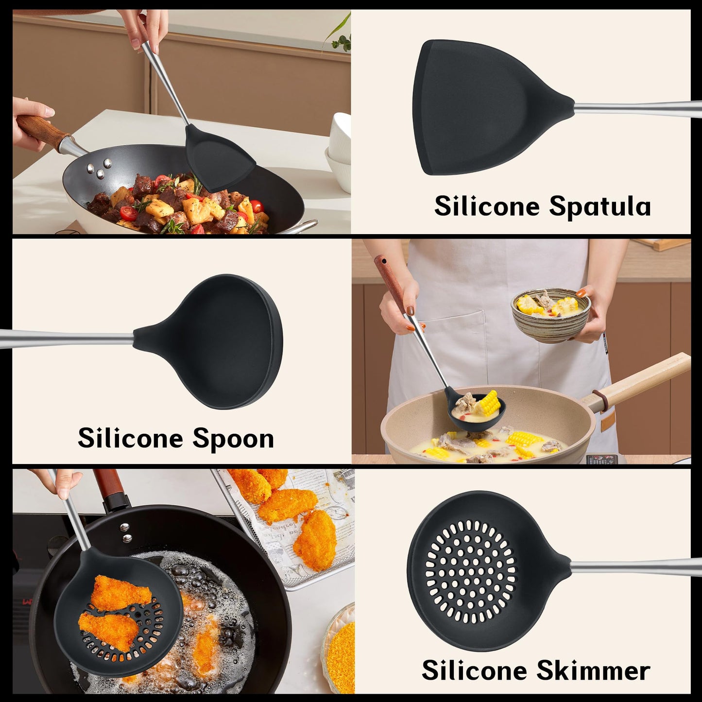 FJNATINH Silicone Spatula - Ladle - Skimmer Wok Tool Set,Stainless Steel Non Stick Heat-Resistant Cooking Utensils BPA Free Kitchen Utensils Cookware with Wooden Handle, Pack of 3