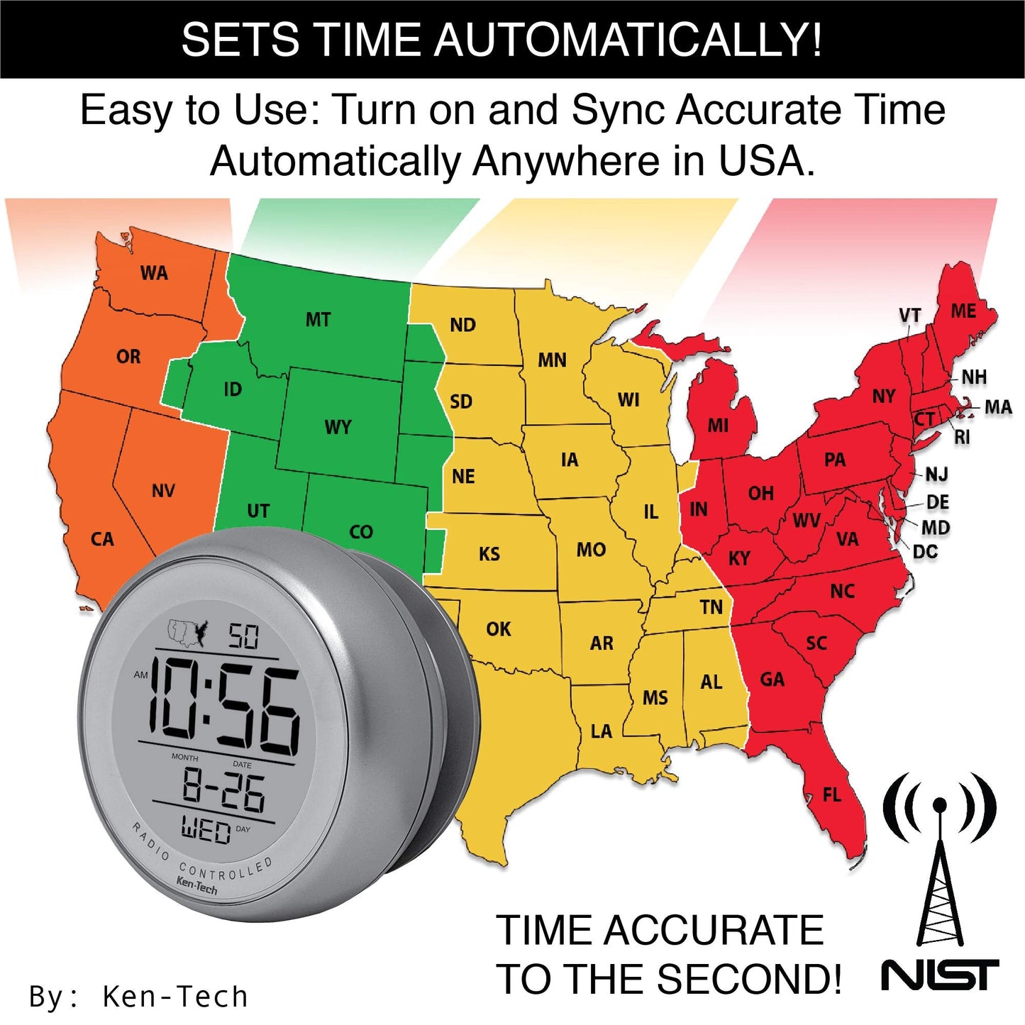 Ken-TECH T-4660 Water Resistant Suction Cup Atomic Clock, Silver