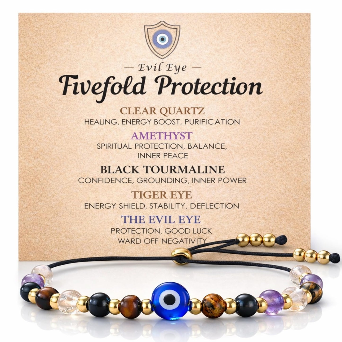 TUQBA Evil Eye Bracelet Healing Stones for Women Baptism Birthday Jewelry Clear Quartz, Amethyst, Tourmaline, Tiger Eye for Friend, Sister, Mom, Christmas Gift, Mothers Days Gifts
