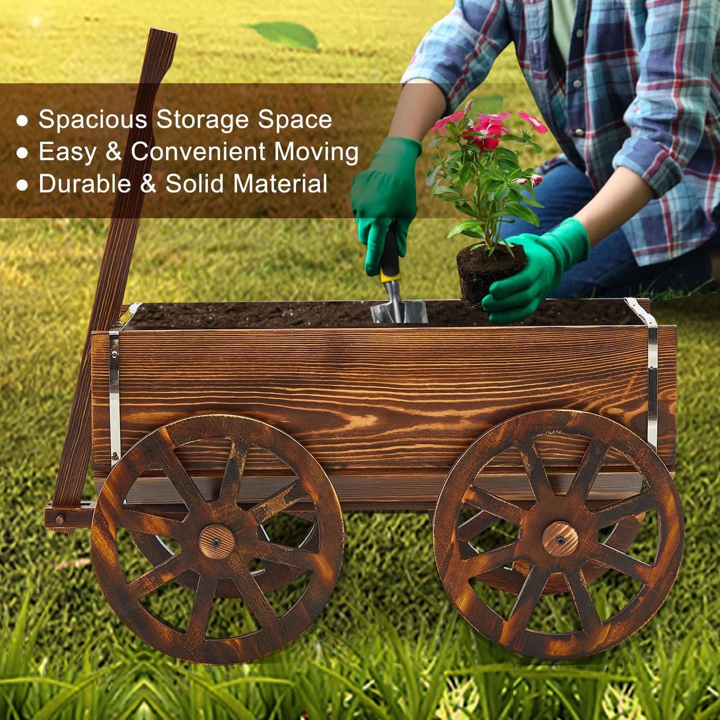 Beeveer Wooden Wagon Flower Planter Cart Garden Planter Box with Wagon Wheels Cart for Home Garden Outdoor Balcony Decorative, Patio Flowers Herbs Vegetables, Brown 23.23 x 11.41(Classic)