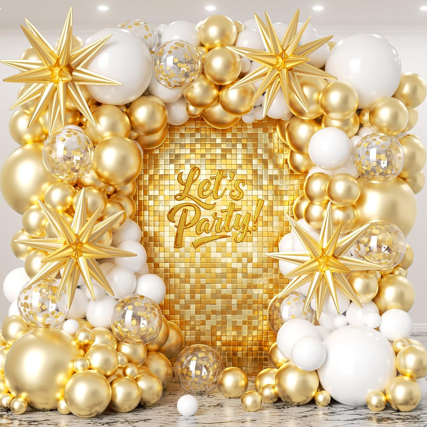 PTGOLUO White and Gold Balloon Arch Garland Kit 153pcs with Star, 22 18 12 10 5in Different Size White Metallic Gold Confetti Latex Balloons for Birthday Anniversary Wedding Baby Shower Decoration