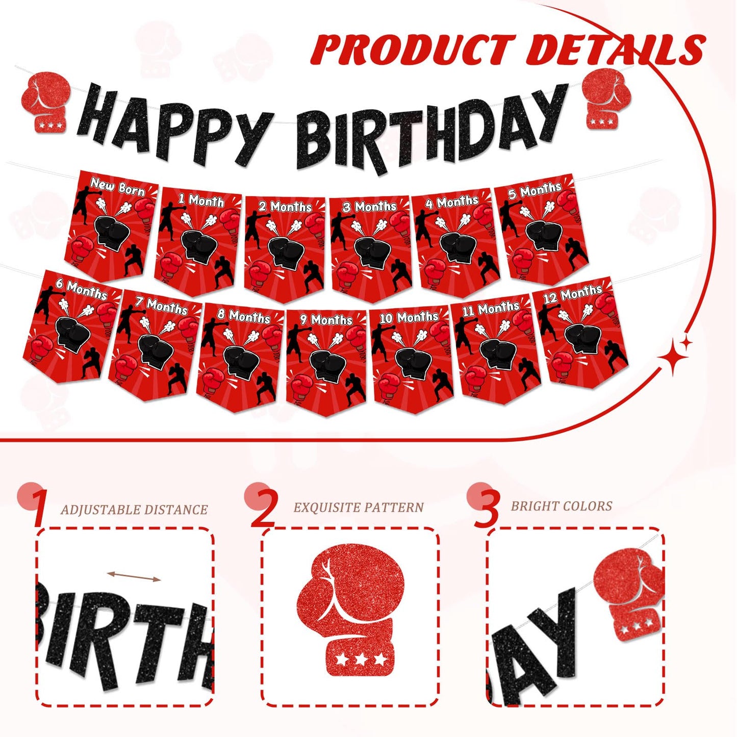 Boxing 1st Birthday Decorations Red Black Boxing Theme Happy Birthday Banner, Photo Banners, High Chair Banner, Round One Cake and Cupcake Toppers, Number 1 Balloons Kit for Boys First Bday Party