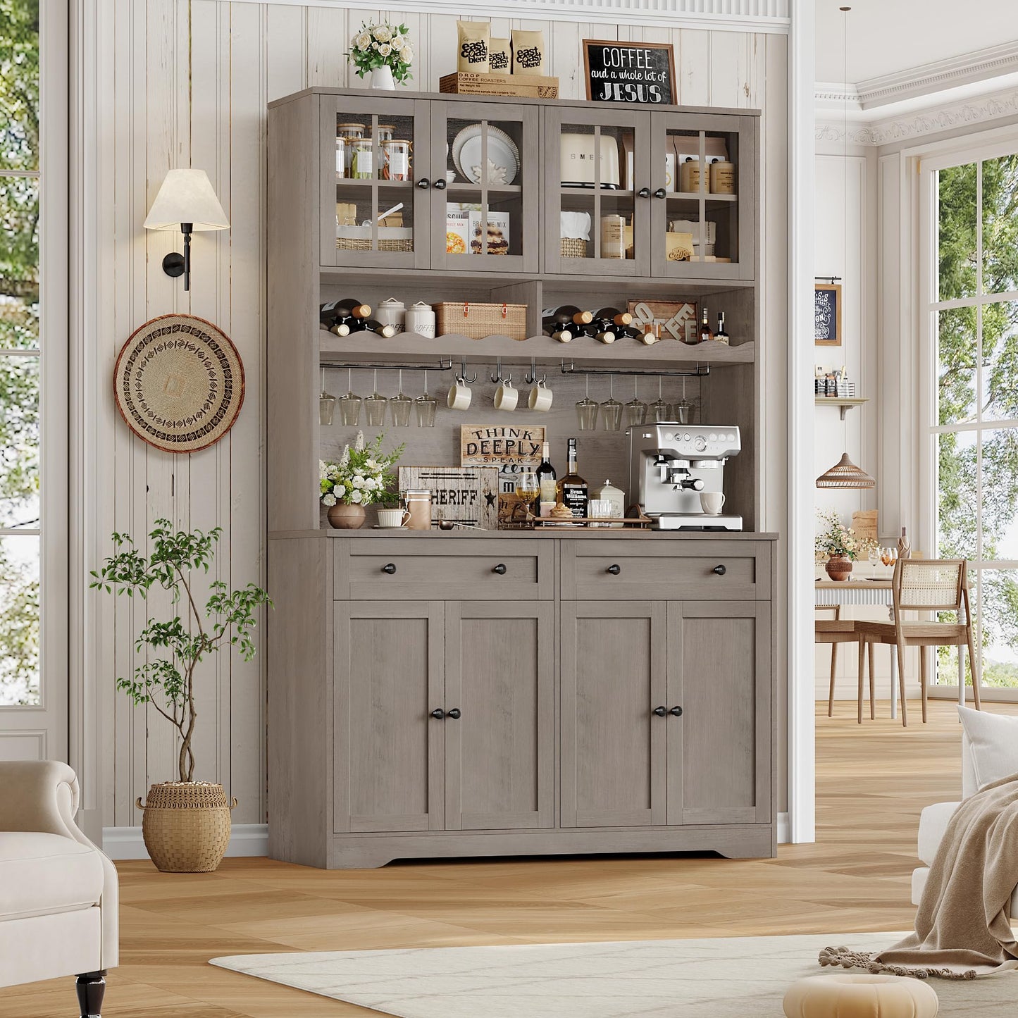 HOSTACK 75.4" Tall Kitchen Pantry Cabinet with Charging Station, Modern White Kitchen Hutch with Microwave Stand and Wine Rack, Large Food Pantry Storage Cabinet with Glass Doors and Drawers, Ash Gray