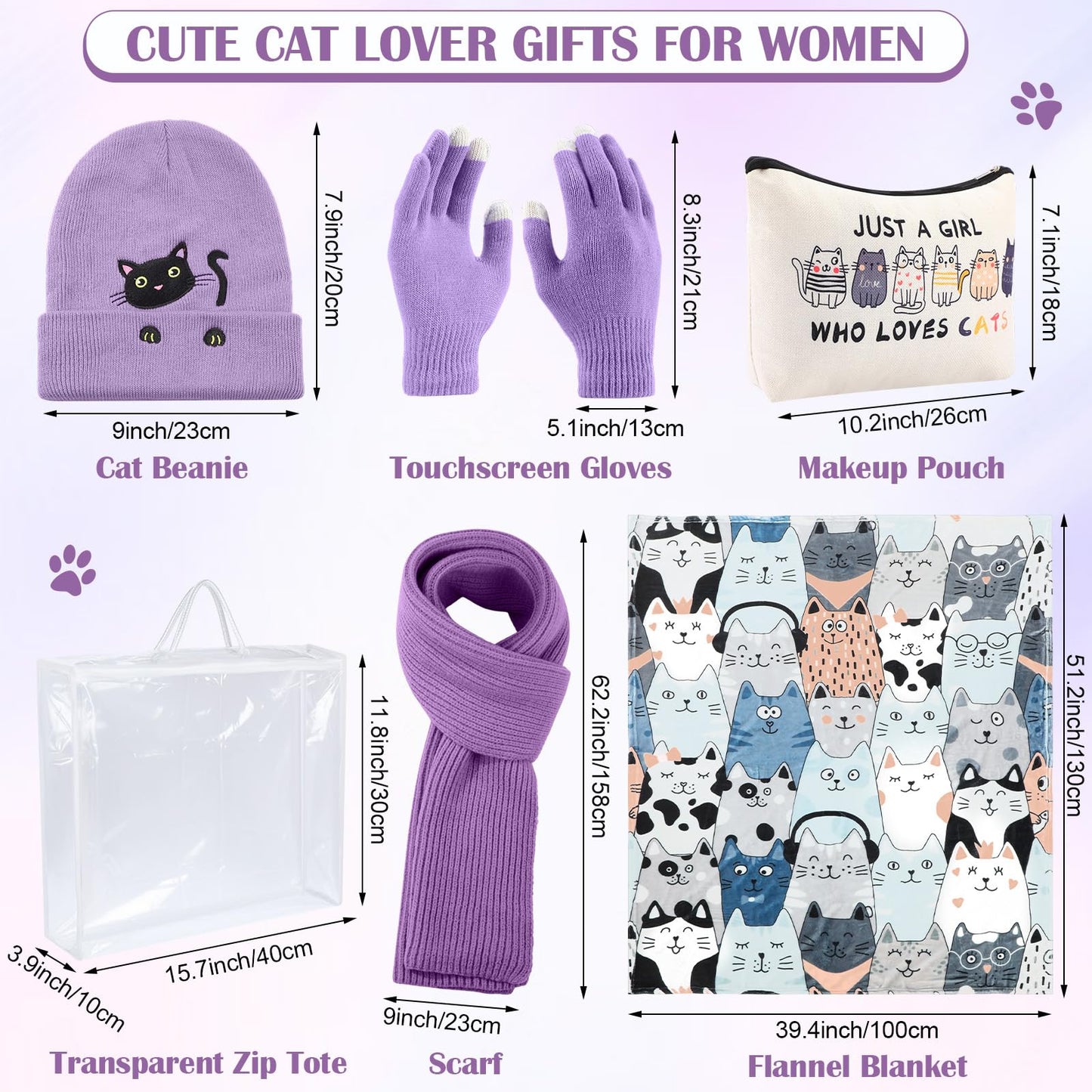 Mepase 6 Pcs Winter Cat Gifts Set for Women Birthday Include Cat Beanie, Scarf, Touchscreen Gloves, Flannel Throw Blanket Makeup Pouch and Transparent Zip Tote Purple Knit Valentine Gift Accessories