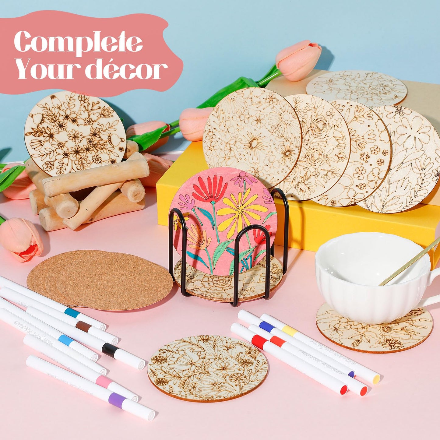 Reallnaive 45 Pcs Flower Wooden Coasters Painting Kit, 4 Inch Paint Your Own Boho Coasters with Markers, Mothers Day Arts and Crafts for Adults Women Seniors Elderly Crafters Gifts