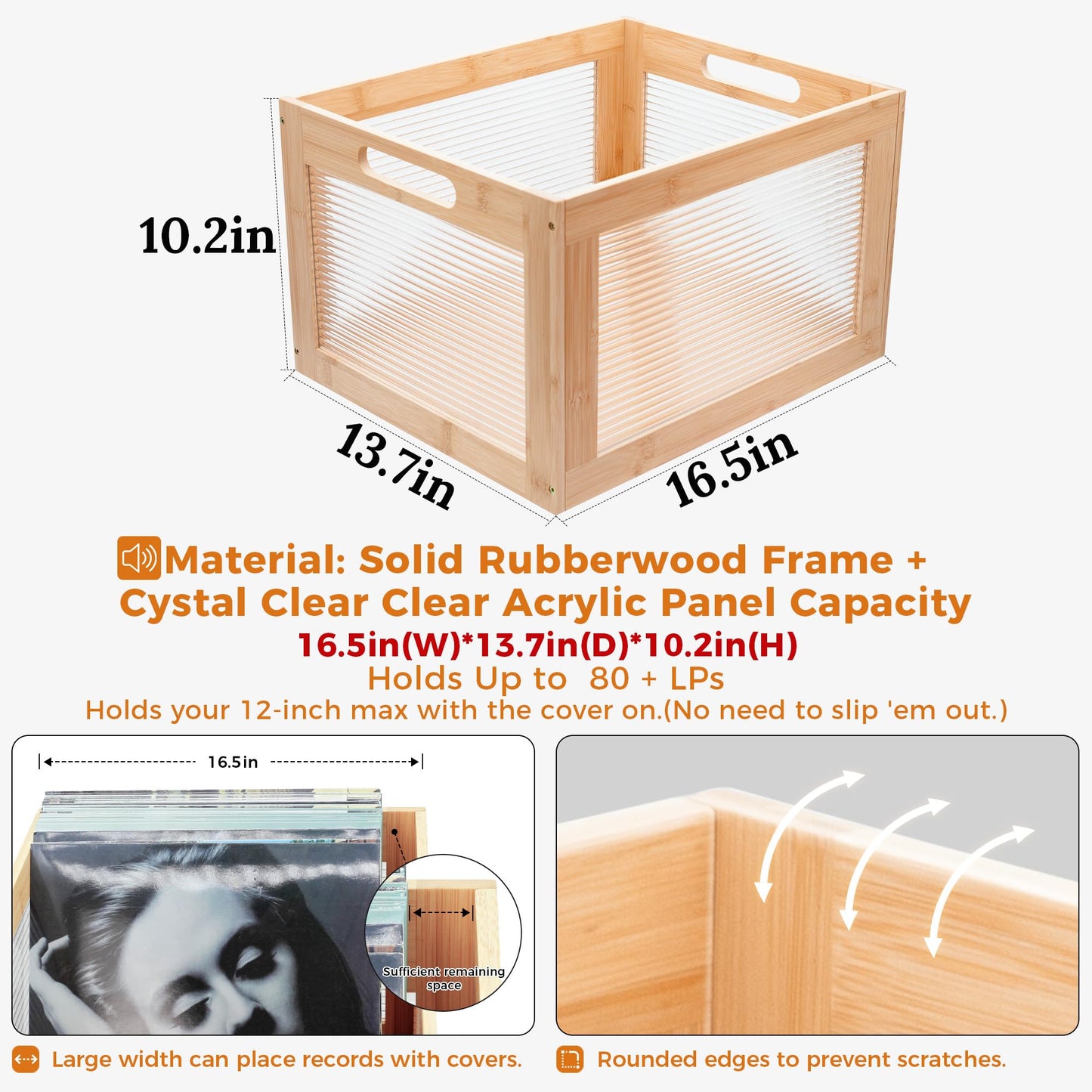 MinBoo Vinyl Record Storage Crate - Holds 80+ LP Albums, 12-Inch Record Organizer Box with Acrylic & Bamboo, Sturdy Wooden Cube for Home, Office - 13.7''L x 16.5''W x 10.2''H, Anti-Slip Base，Brown